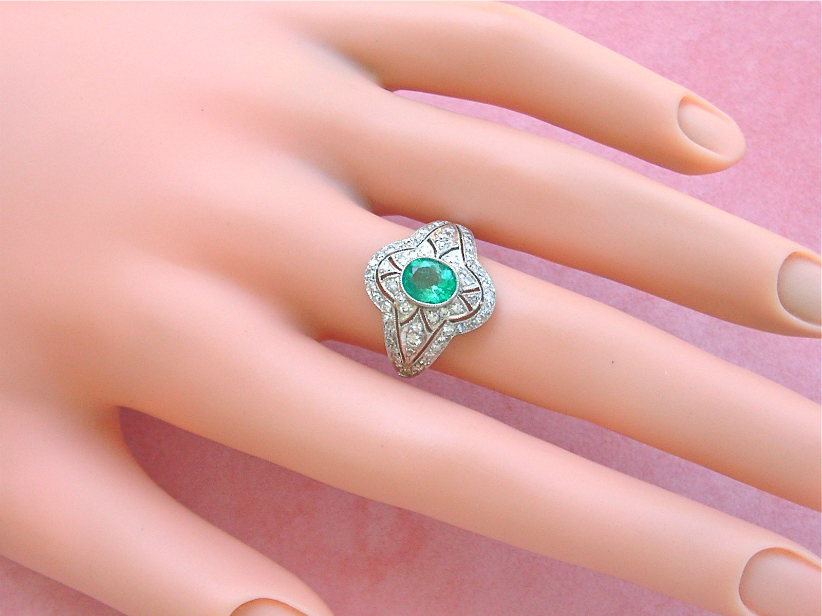 ART DECO .80 ct OVAL EMERALD 1.20 ctw DIAMOND PLATINUM RIGHT-HAND COCKTAIL RING