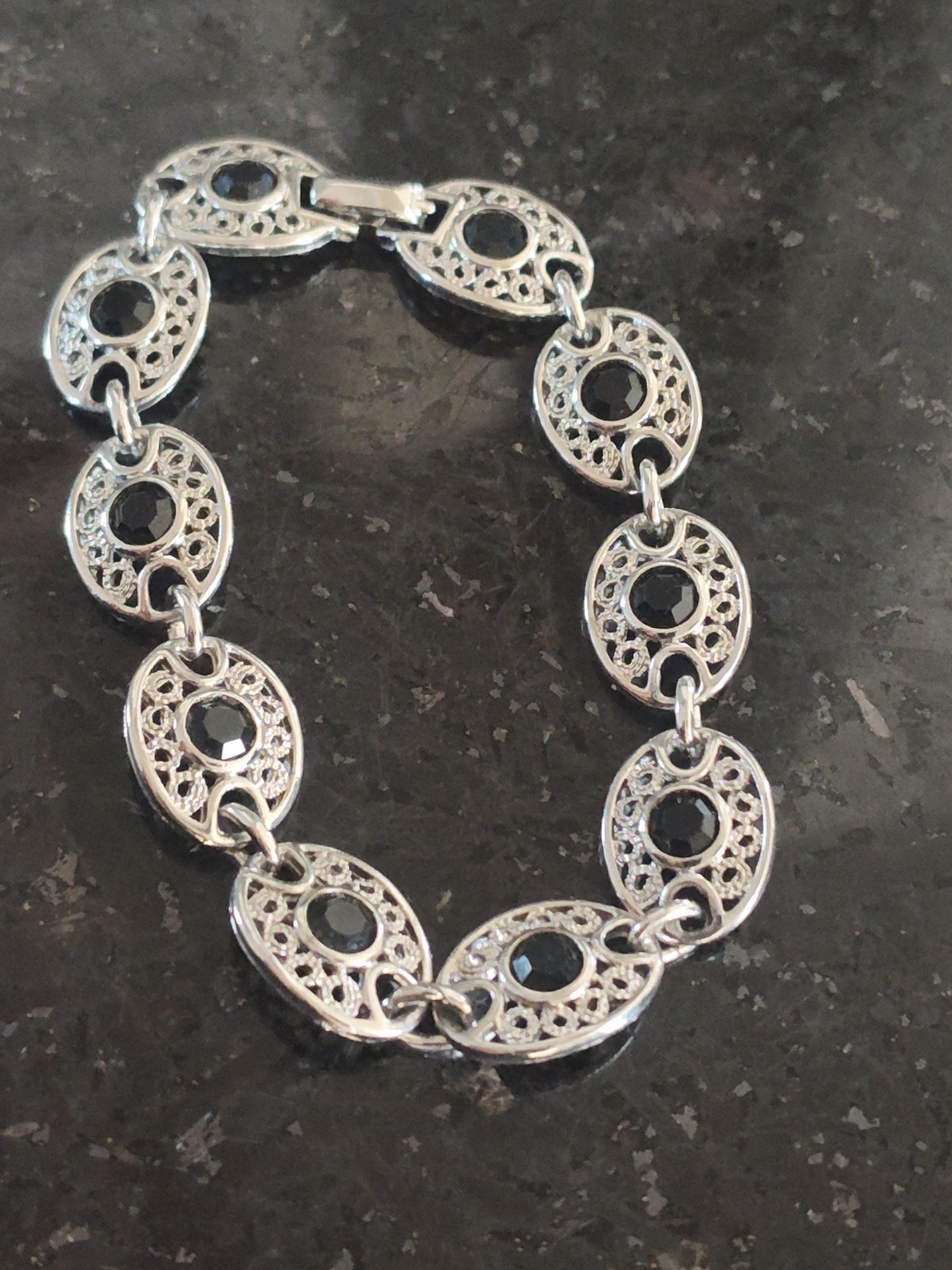 Vintage EMMONS Silver Tone Bracelet with Black Faceted Crystals 7 inches