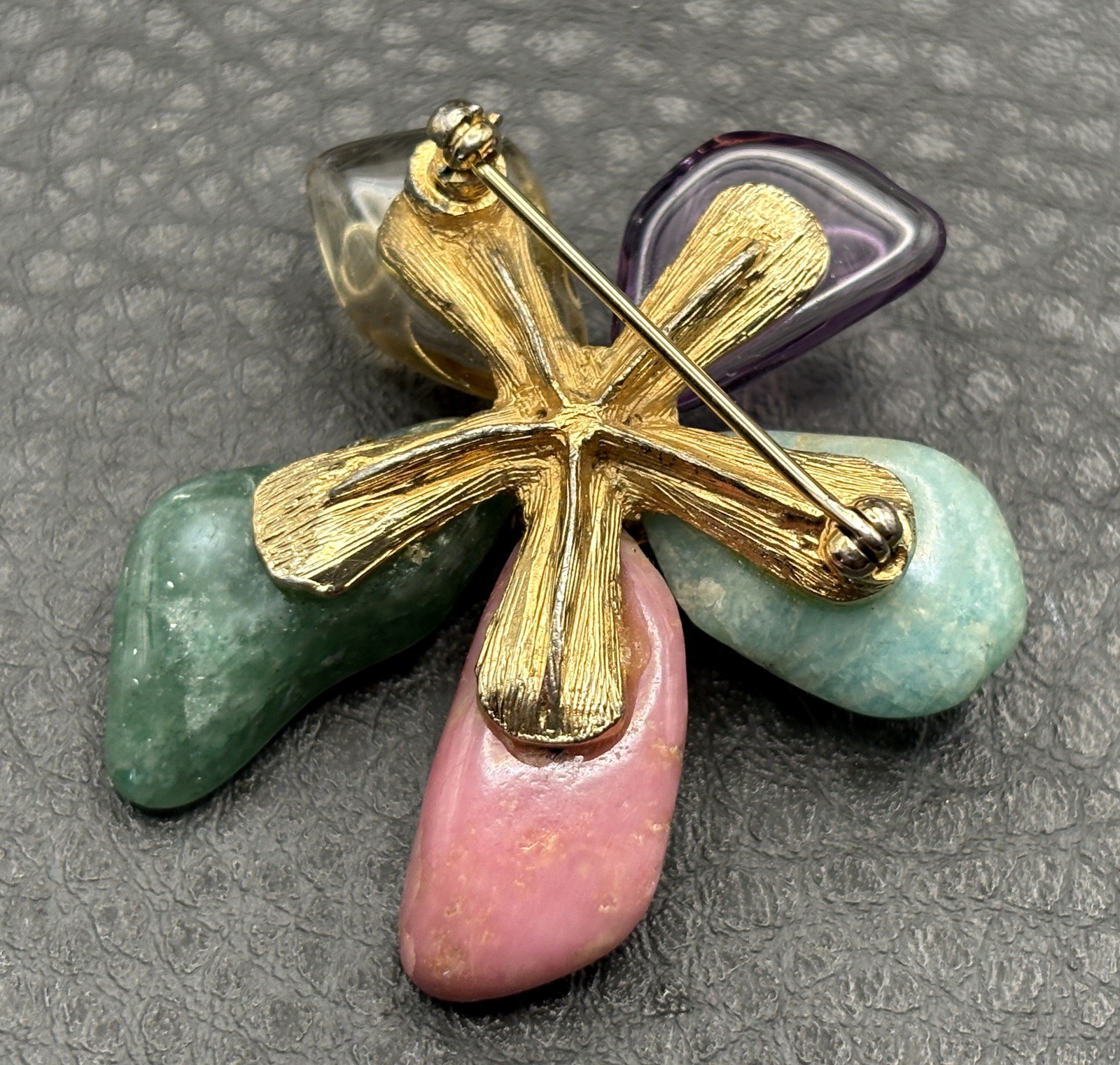 Vintage Flower Brooch Semi Precious Stone Nugget Faux Pearl Gold Tone