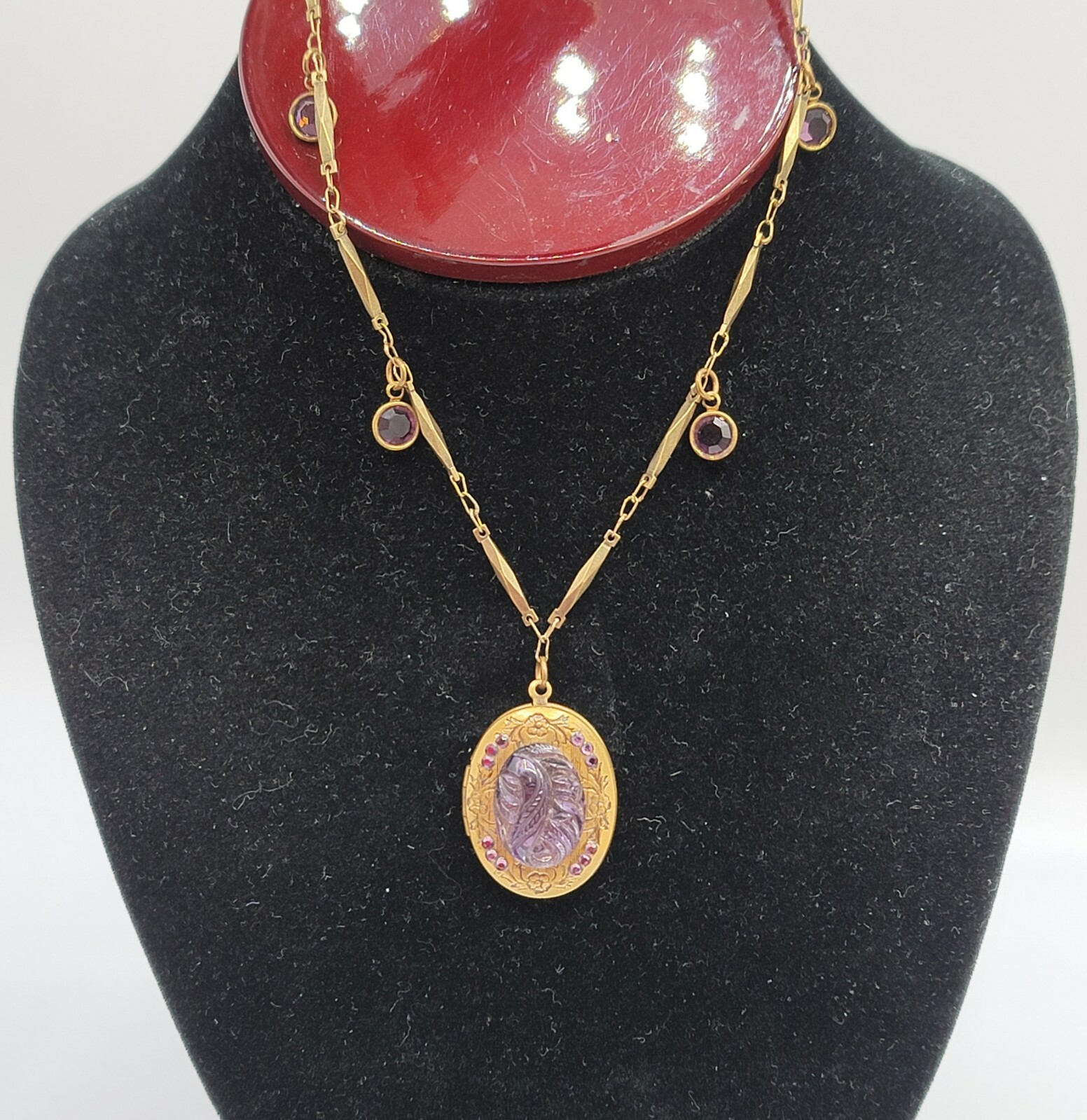 Vtg Glass Works Studio Necklace Locket Pendant Purple Glass Jewelry Beauty
