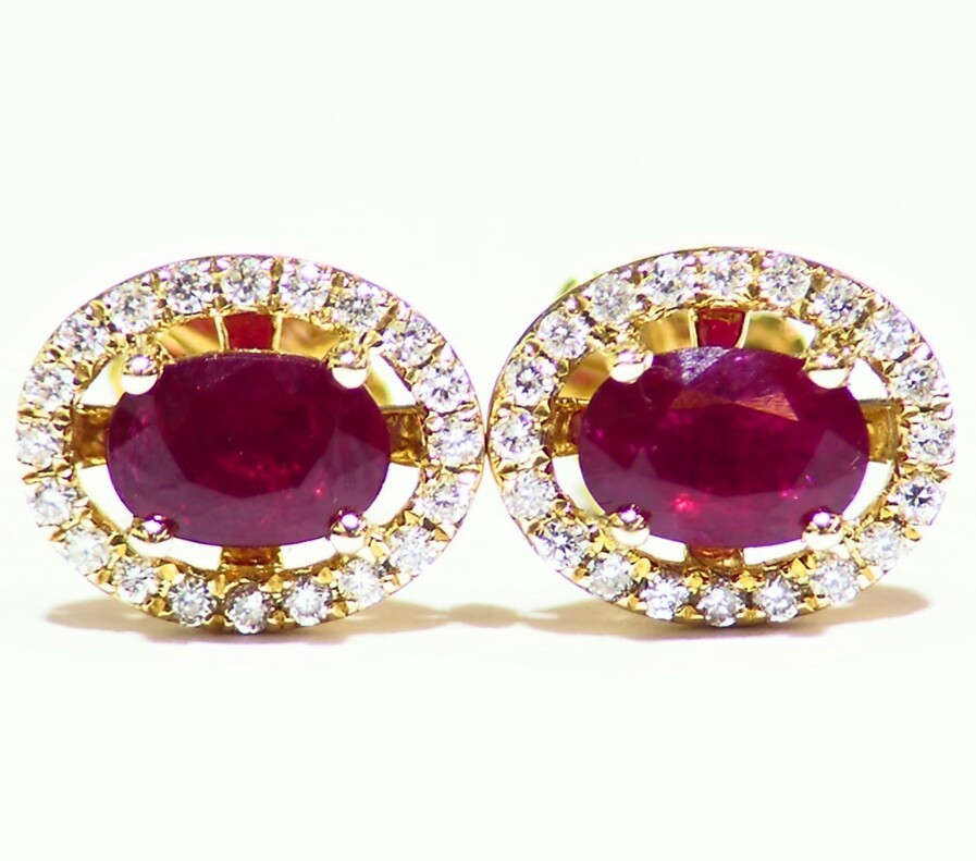 1.52CT 14K Gold Natural Ruby Round Cut Diamond Stud Halo Anniversary Earrings