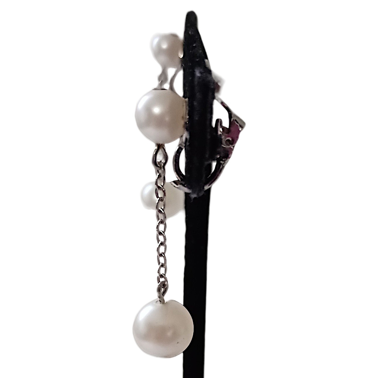 Vintage Faux Pearl Chain Dangle Earrings Dainty Delicate Silver Tone Elegant