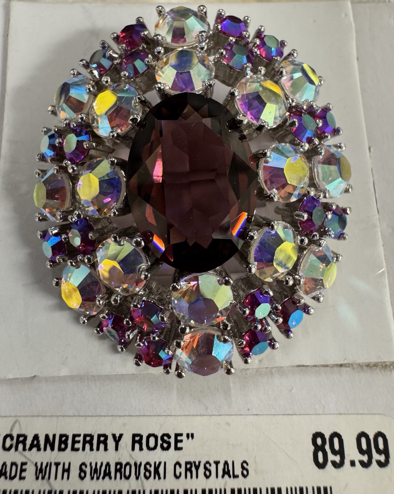 Stunning “Cranberry Rose” Brooch Made With Multi Colored Swarovski Crystals