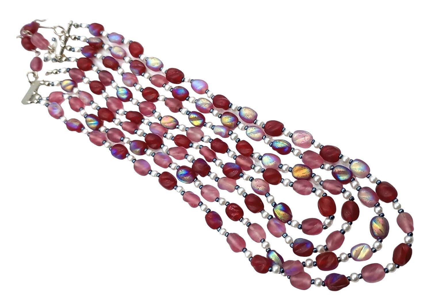 Vintage Glass Beaded Iridescent Necklace Pink Red Purple Four Strand Costume Jew