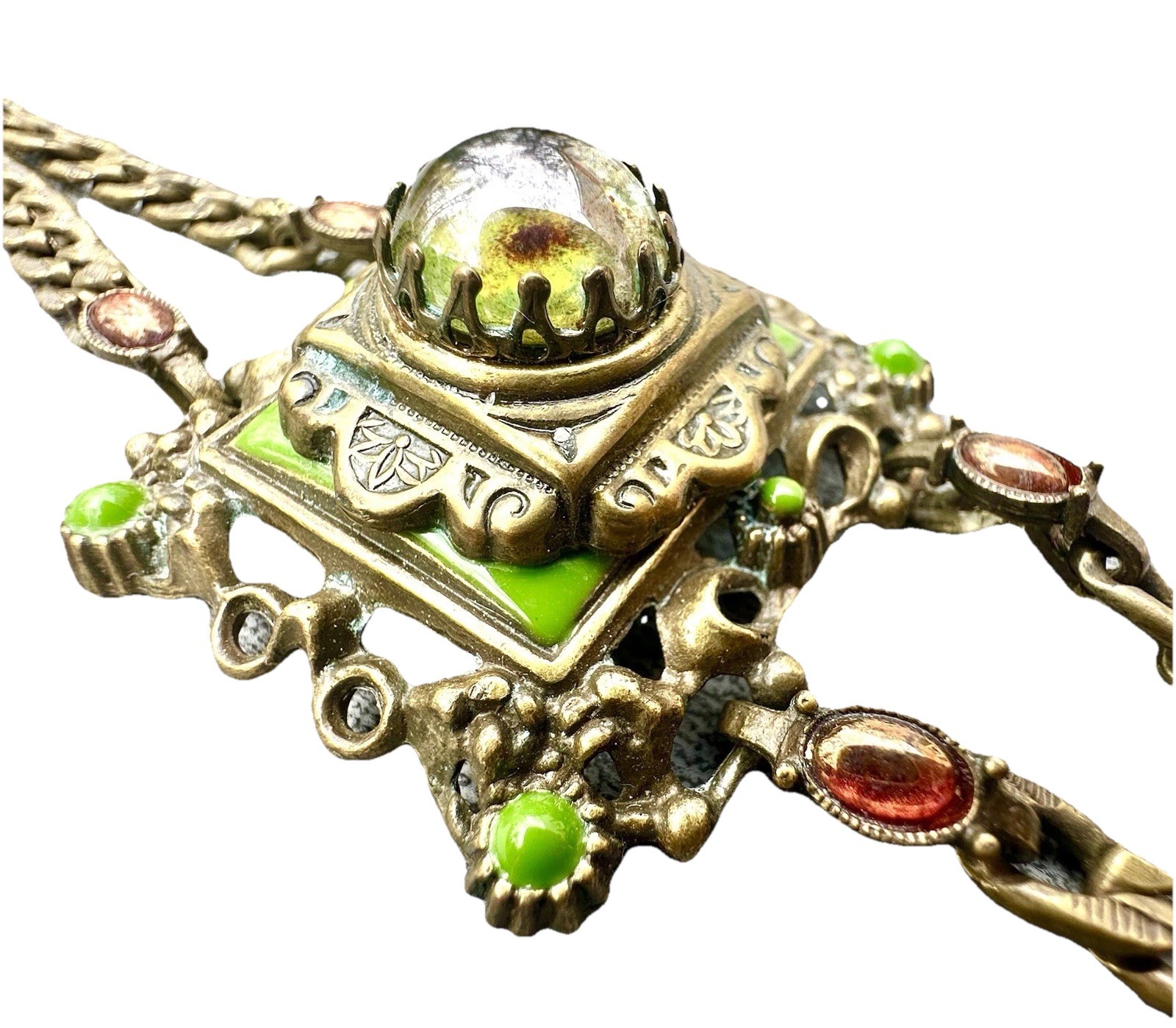 VTG Uranium Vaseline Glass Jewelry Bracelet Panel Cabachon Art Deco Style Czech