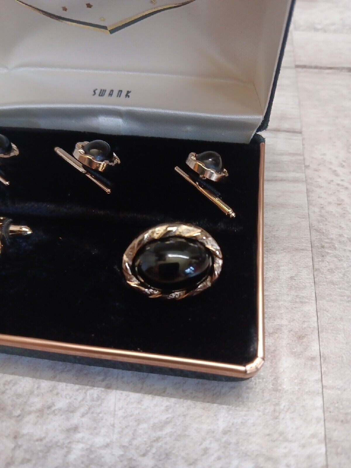 ✅VTG Swank Gold Tone & Black Cabochon Cufflinks Studs Dress Set in Original Box