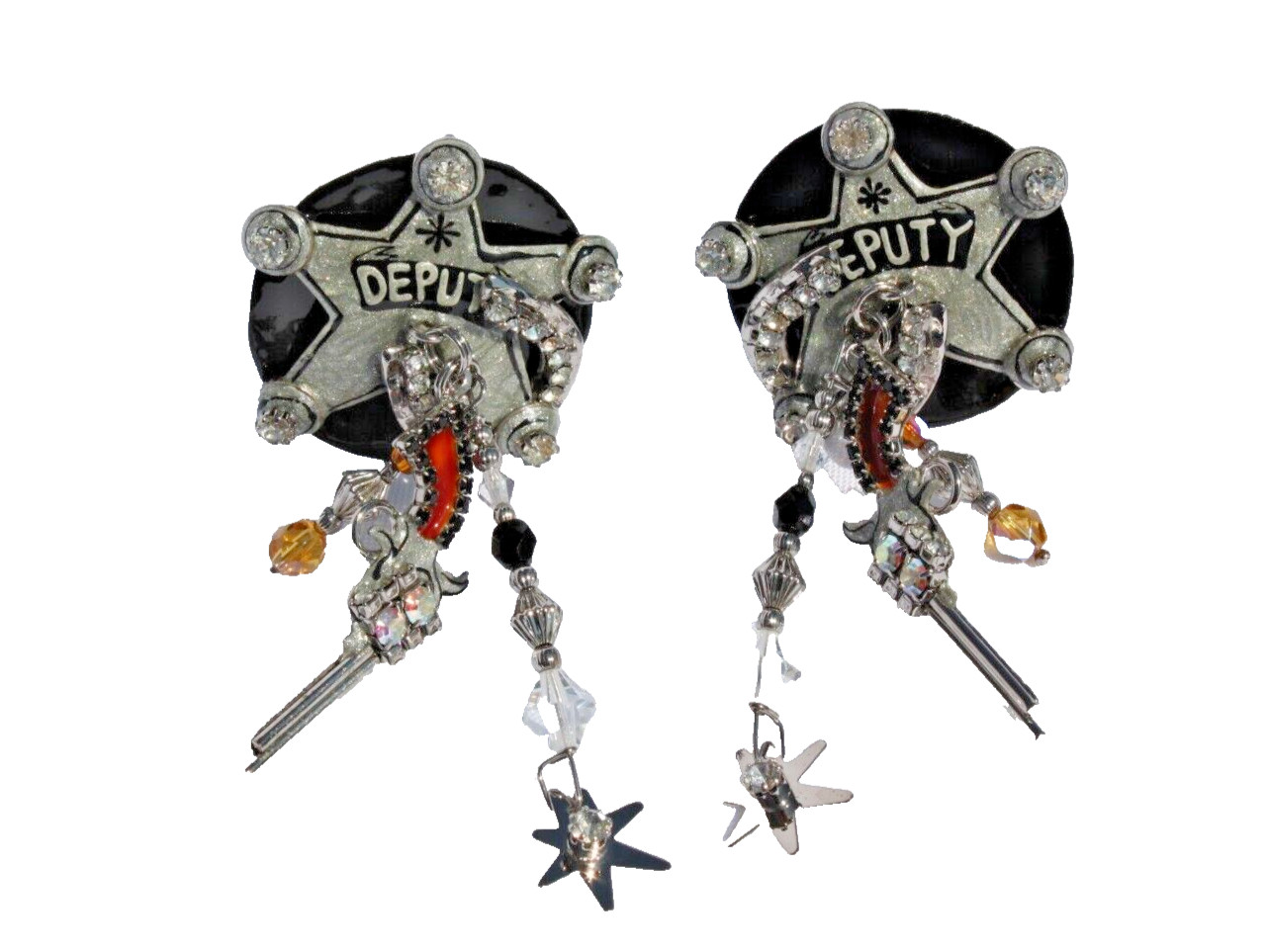 Lunch At The Ritz Earrings Deputy Sheriff Gun & Horseshoe Black Silver Western