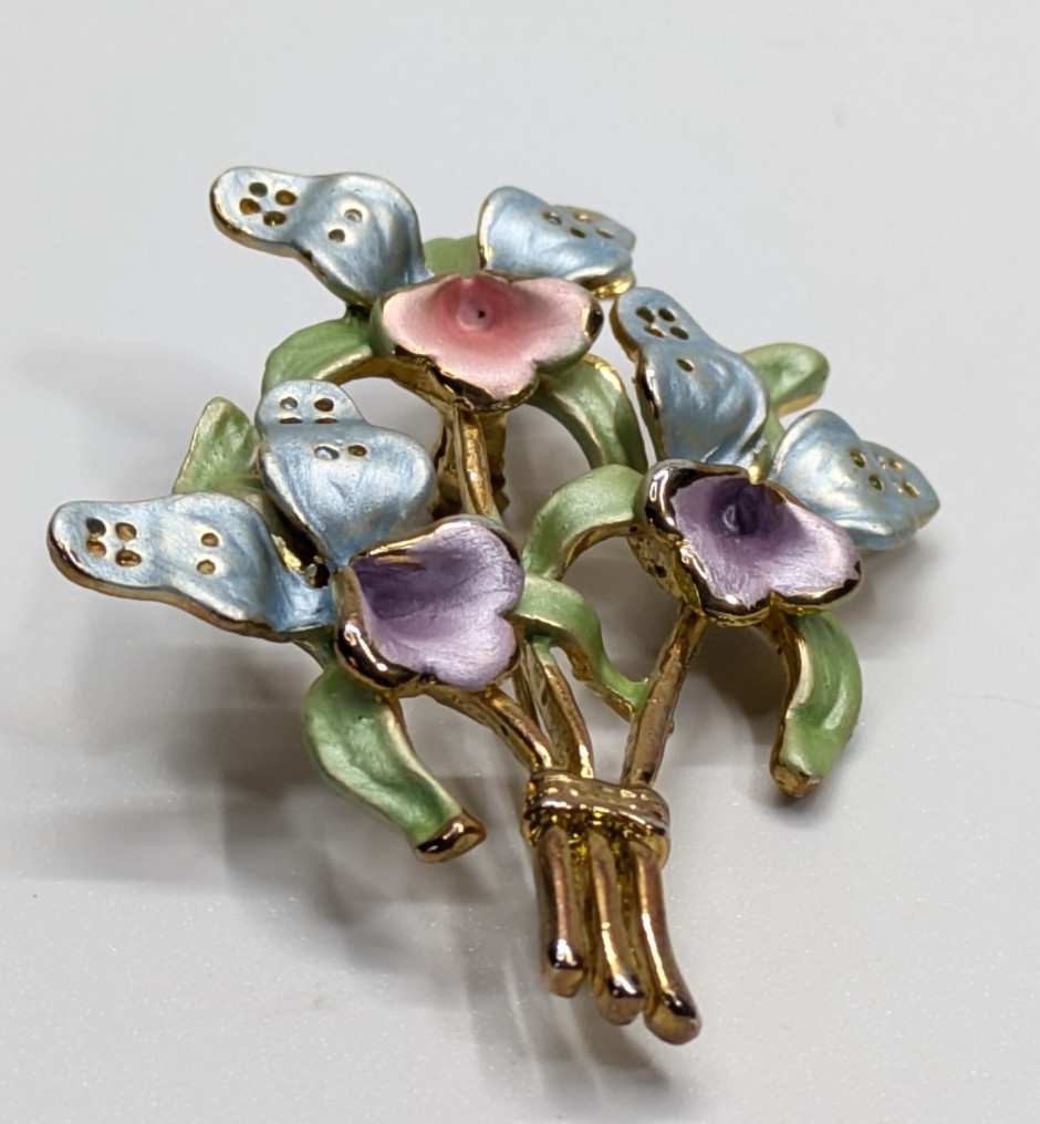 VTG Pink Purple Blue Enamel Orchid Flower Gold Tone Bouquet Brooch Pin 2.25″