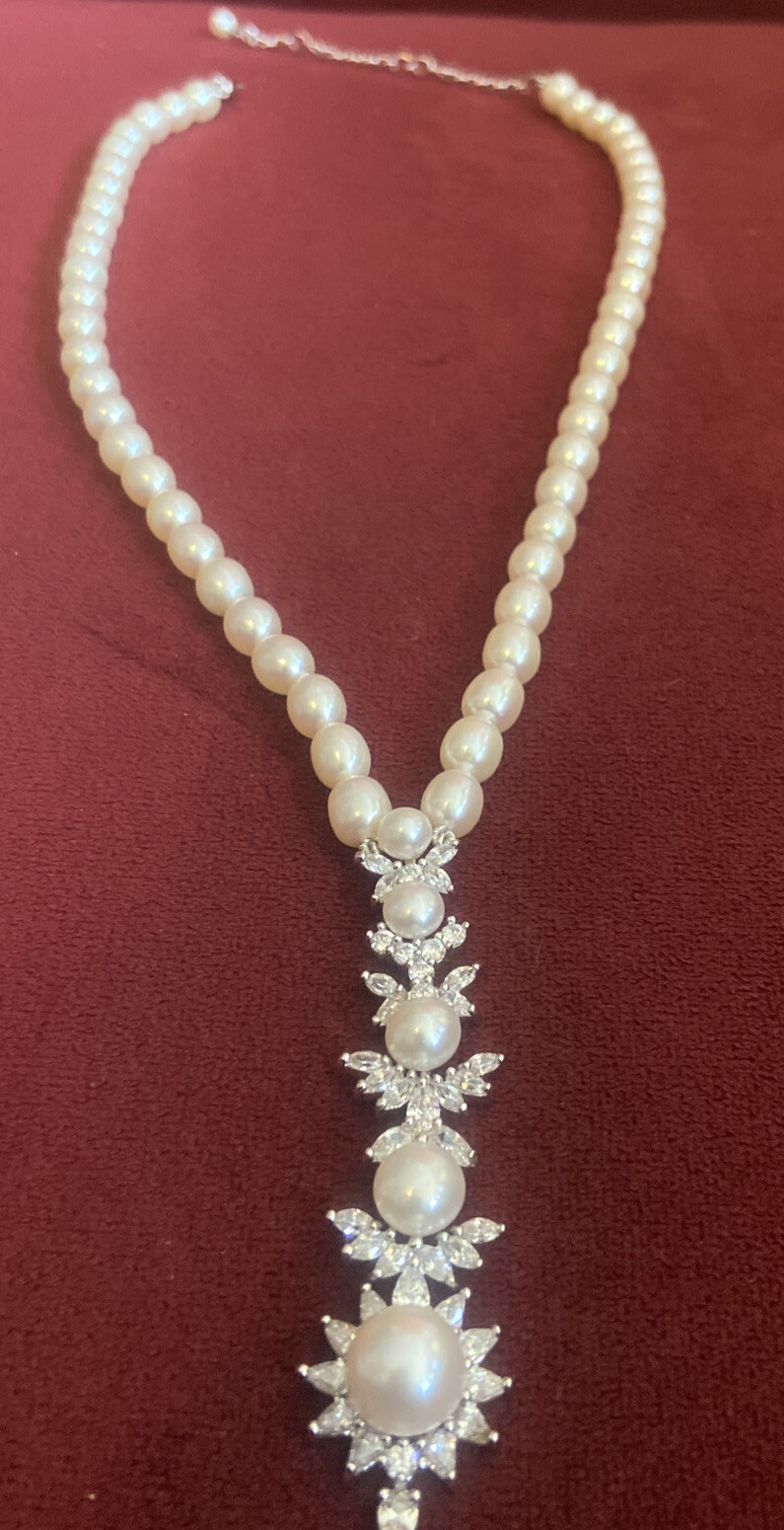 White Pearl Necklace With Cz Drop CGI CN STRAND Necklace 16″ 3 Extender