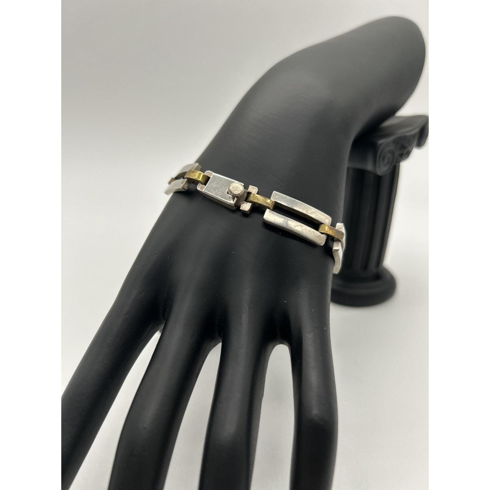 Vintage Modernist Sterling Silver & Brass Link Bracelet – Geometric Rectangular