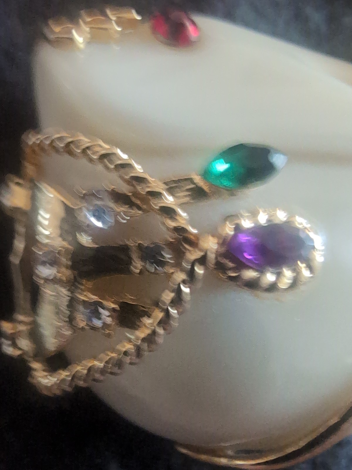 Vintage White Elephant Brooch , Gold Tones, Purple & Green, & Red Rhinestones