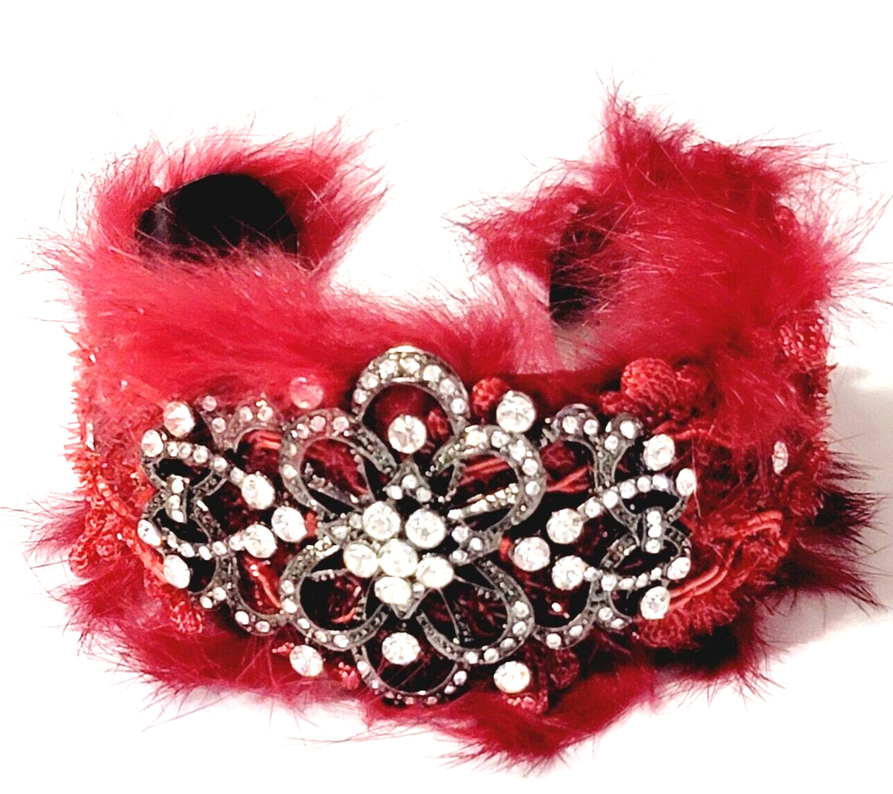 Faux Fur Red Cuff Bracelet Ornate Rhinestones Diva Statement Jewelry cfb