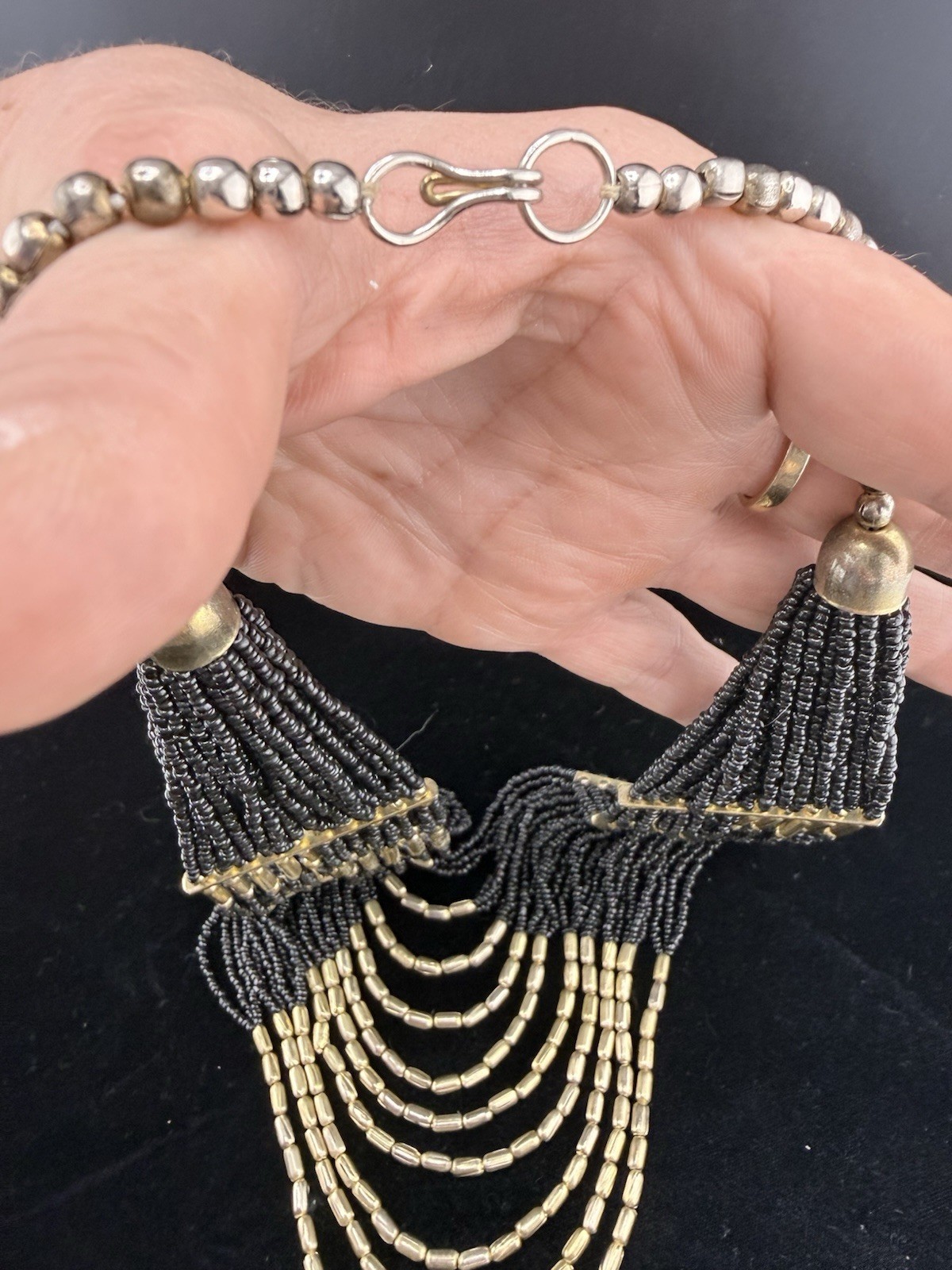 Vintage Black & Gold Multi-Strand Seed Beaded Statement Necklace – Stunning!