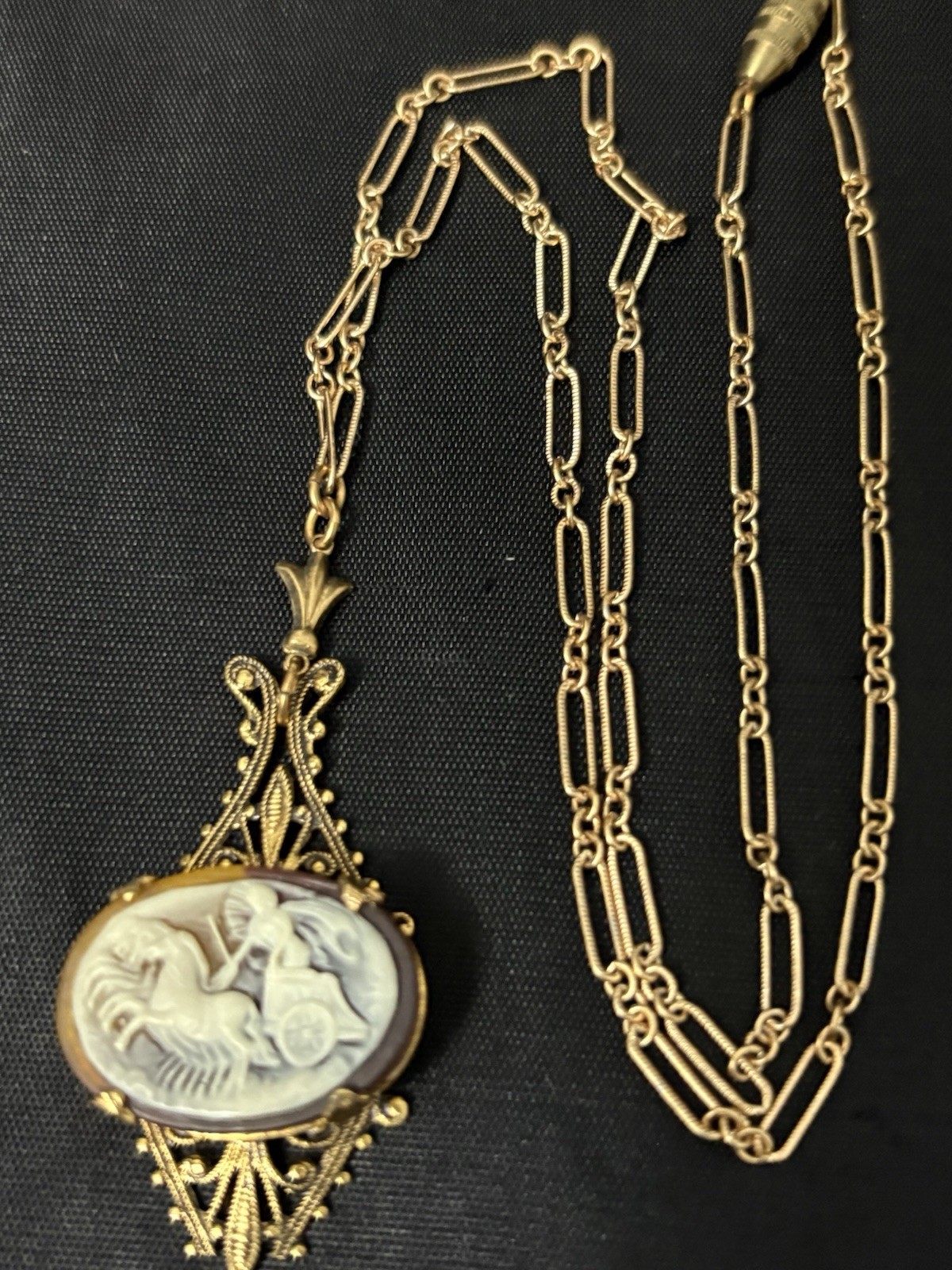 victorian Revival Cameo Pendant Necklace Gold Tone equestrian Horse Chariot 19”