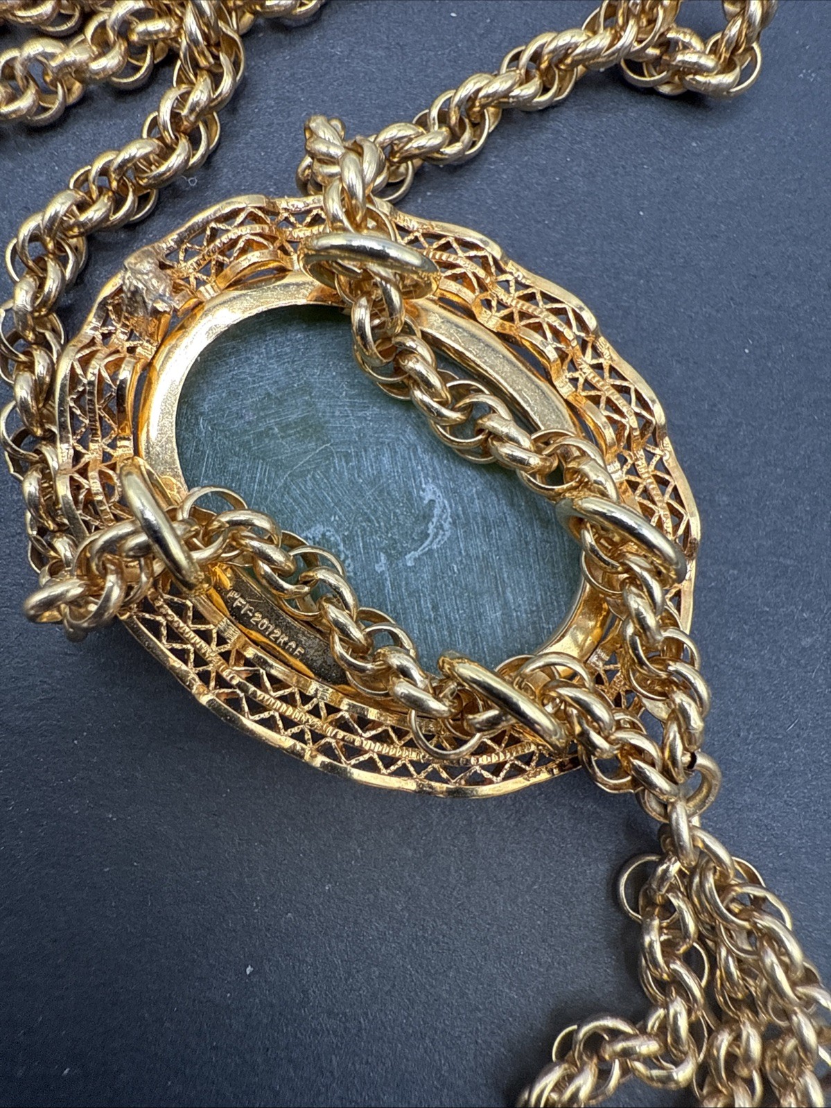 Vintage 1/20 12k Gold Filled Filigree Jade Slide Tassel Pendant Necklace 25g J13