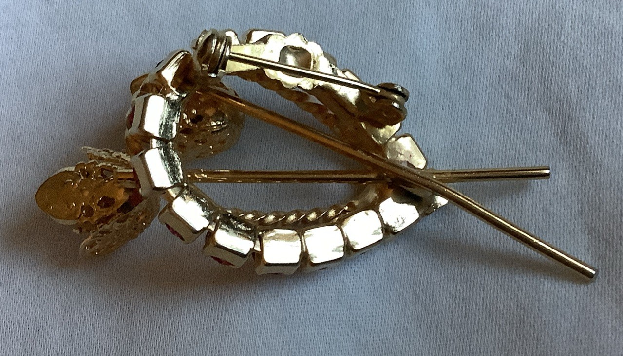 Vintage Goldtone & Pink Rhinestone Flowers Pin Brooch Approximately 1″ x 2″