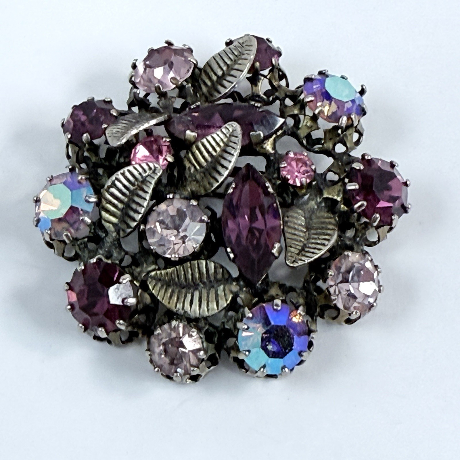 Vintage Austrian Purple & Pink Aurora Borealis Crystal Brooch Estate Pin
