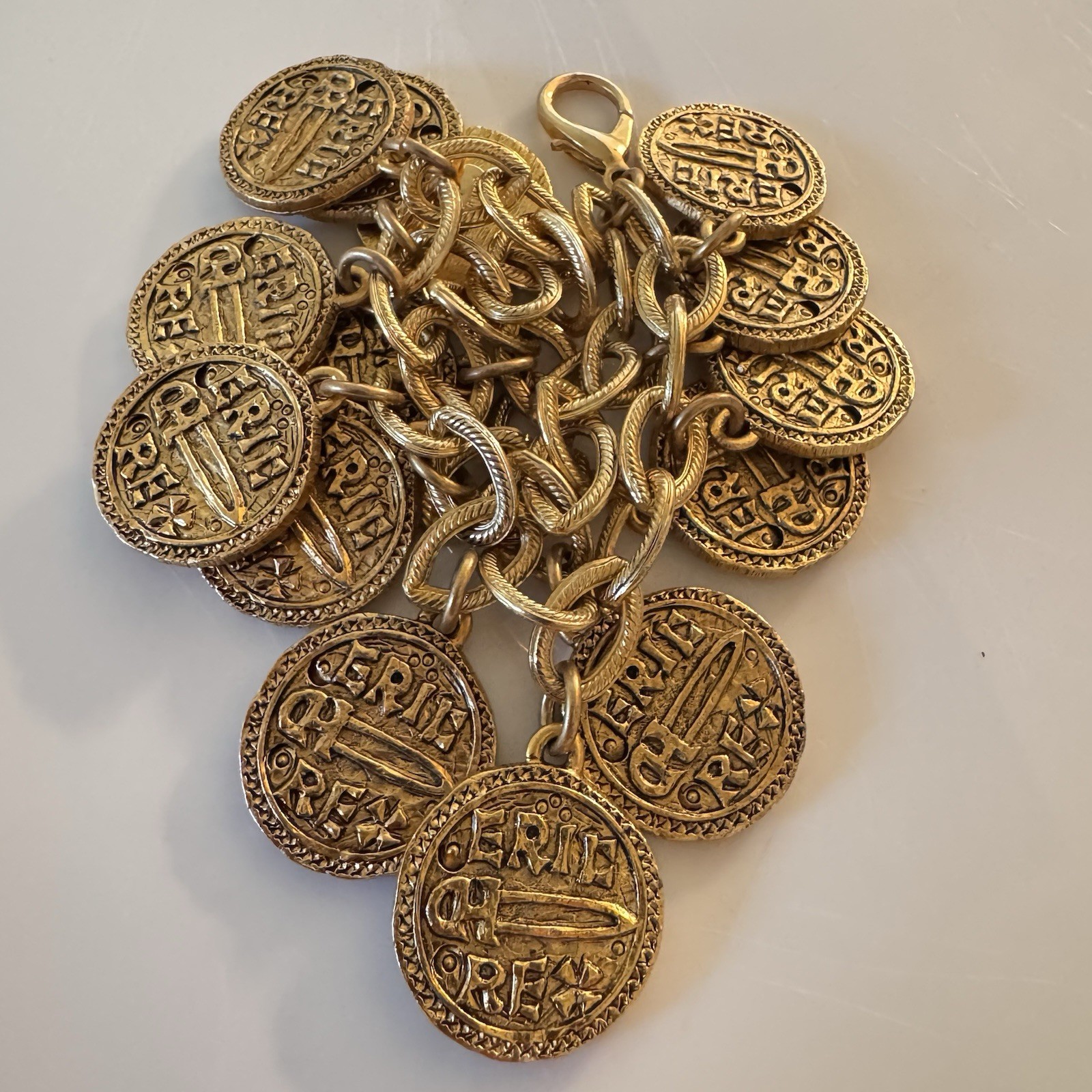 Vintage Stewart Lucas Coin Charm Bracelet, 80s 90s, Etruscan, Byzantine, Signed!