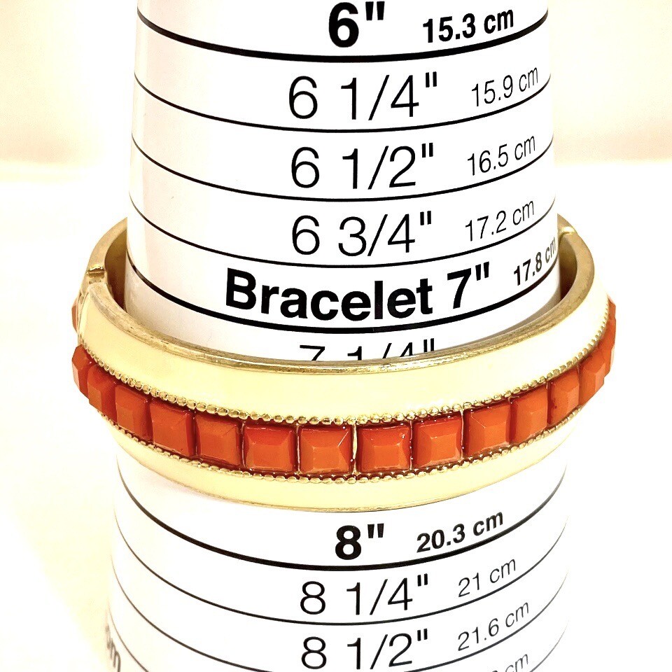 Vtg Gold Tone Hinged Cream Enamel Orange Resin Minimalist Bracelet Bangle Rare B