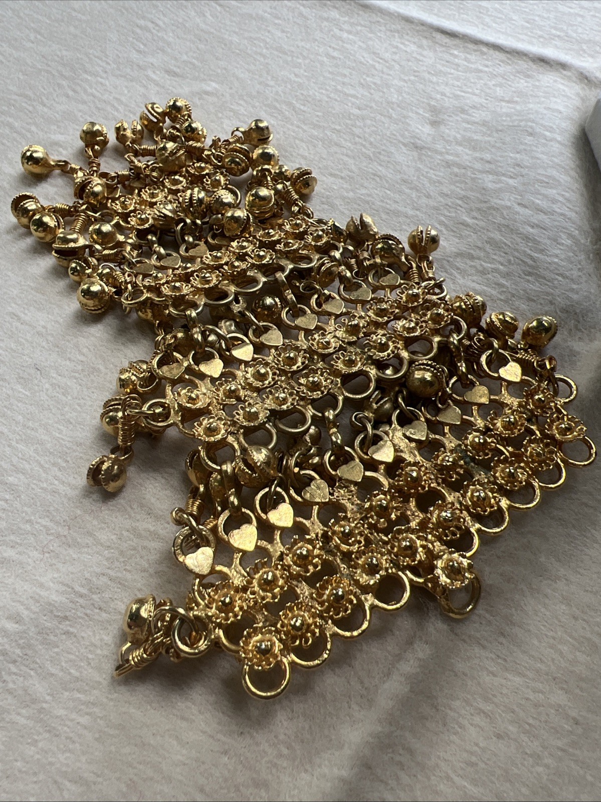 Vtg FESTOON NECKLACE Pendant GOLDWASH BRASS FILIGREE ROSETTES DANGLES