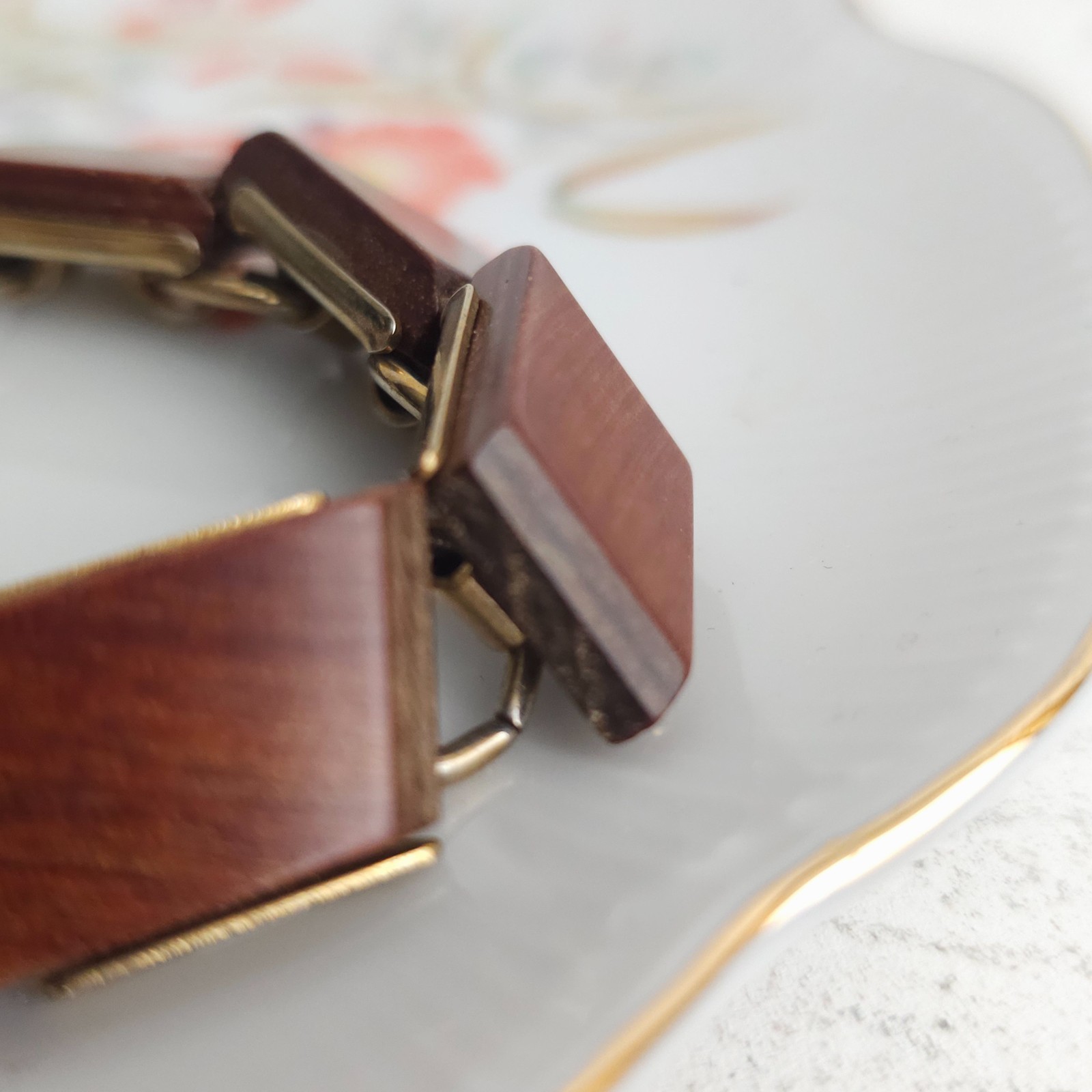 Vtg Modernist MCM Wood Tile Link Bracelet Boho 1960s 70s Earthy Natural Minimal