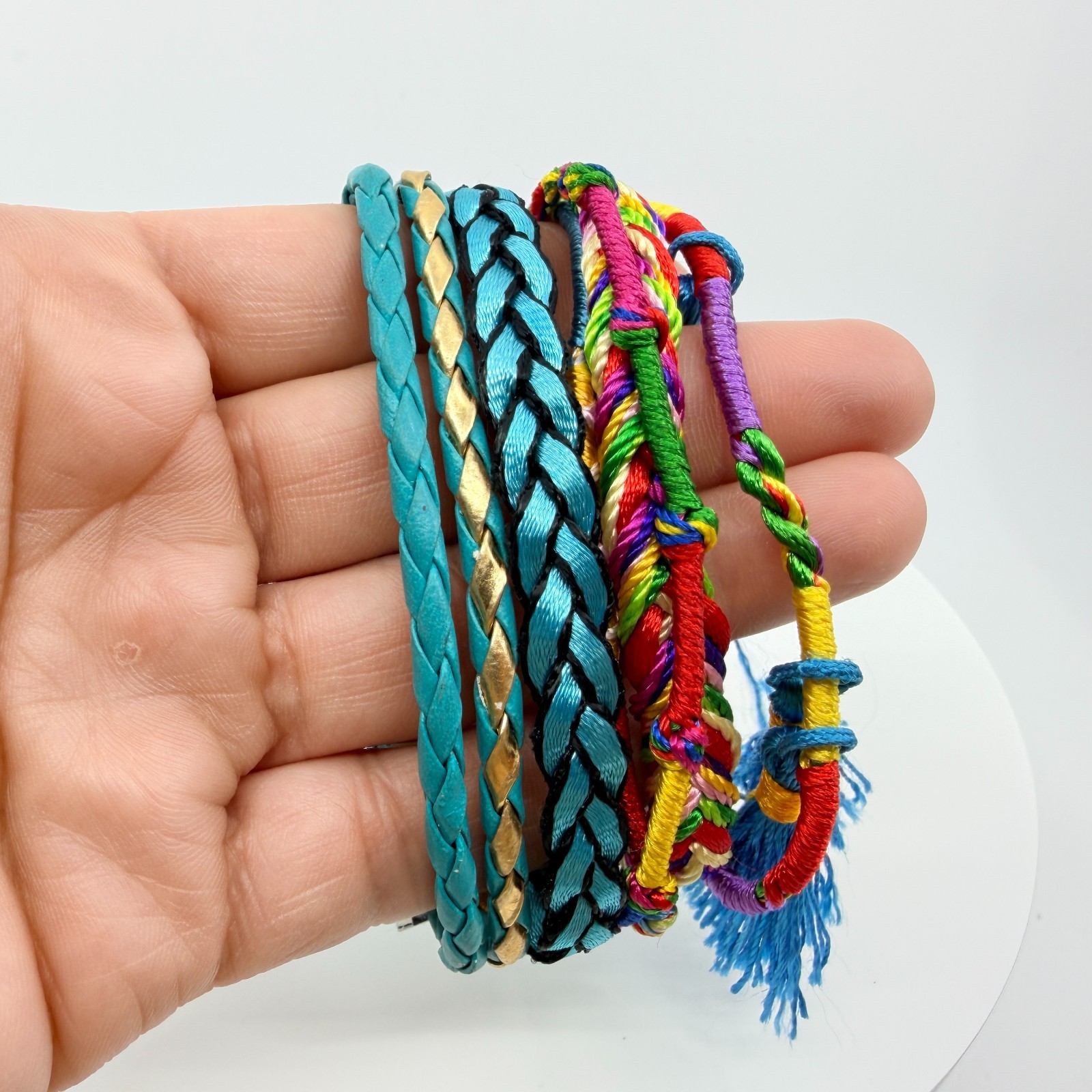 Vintage Blue Teal Multi Strand Braided Wrap Bracelet Tassels Magnetic Clasp Boho
