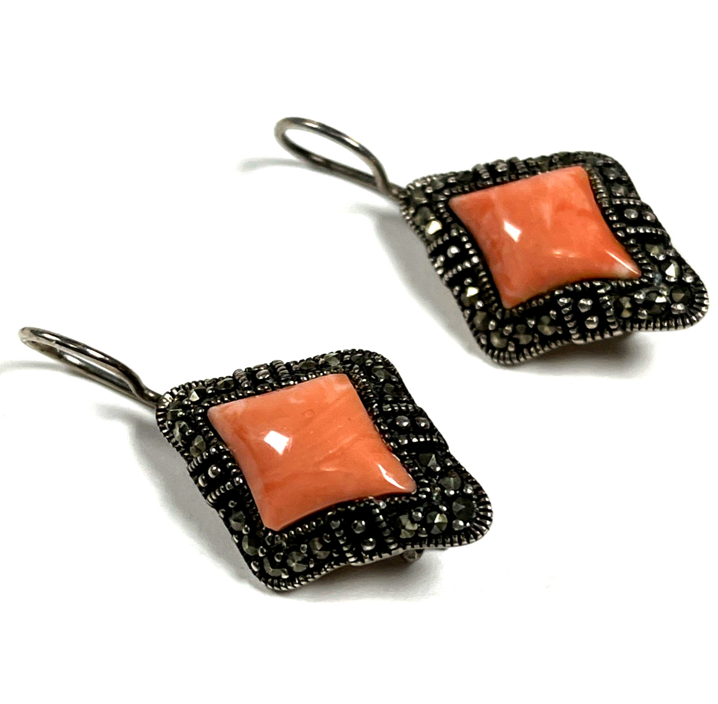 A 925 Vintage Sterling Silver 925 Marcasite Faux Coral Dangle Earrings 6.9g