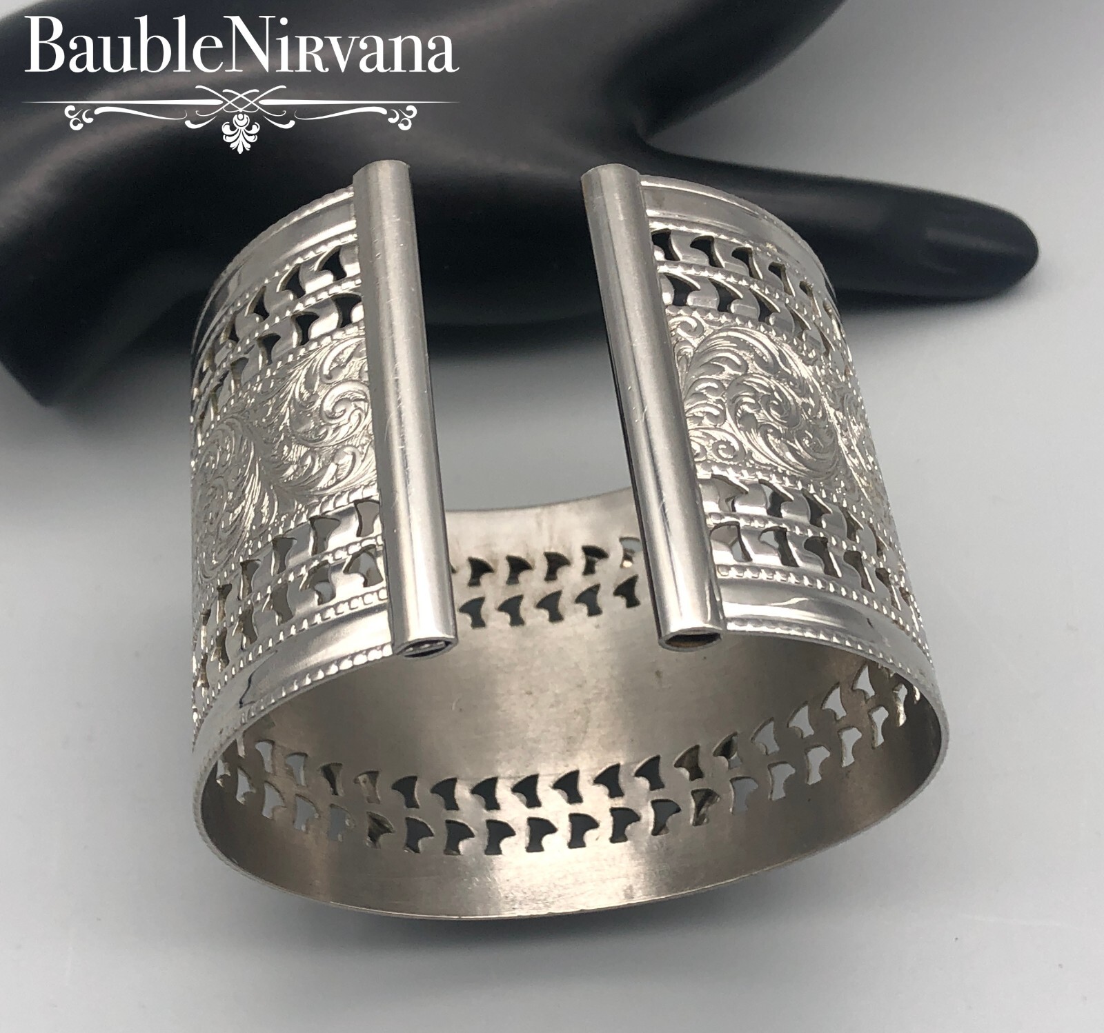 Vintage Silver Metal Extra Wide Pierced&Engraved Cuff Bracelet w/Coin Setting