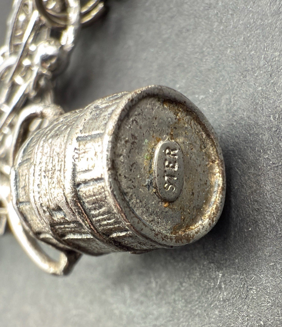 VINTAGE STERLING SILVER CHARM BRACELET Champagne Hat Barrel Grad 32 G 7” J13