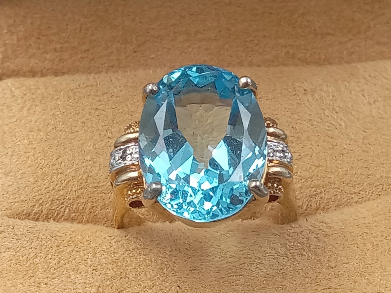 Deco style Sterling Ring Gold Wash – Faceted Blue Topaz Oval & Clear Accents: S8