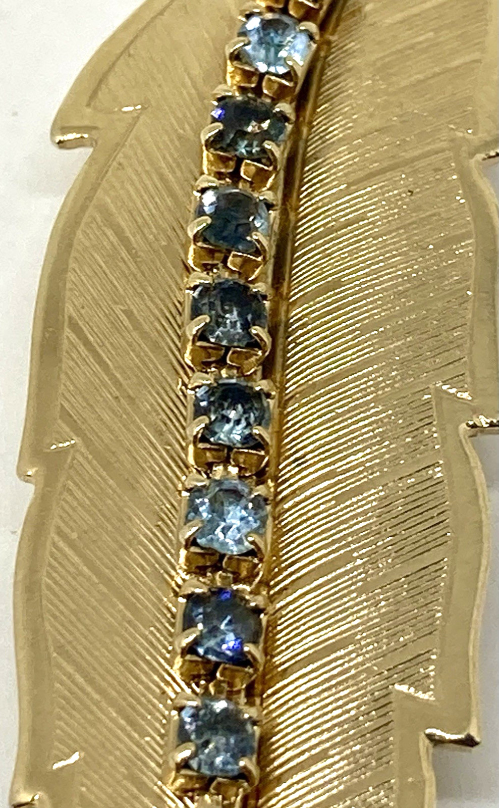 VINTAGE Gold tone LEAF Rhinestone Brooch with Blue Saint, Catholic/Religious Pin
