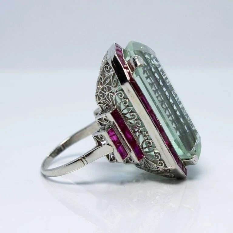 7Ct Art Deco Vintage Style Aquamarine & Ruby Anniversary 14K White Gold FN Ring