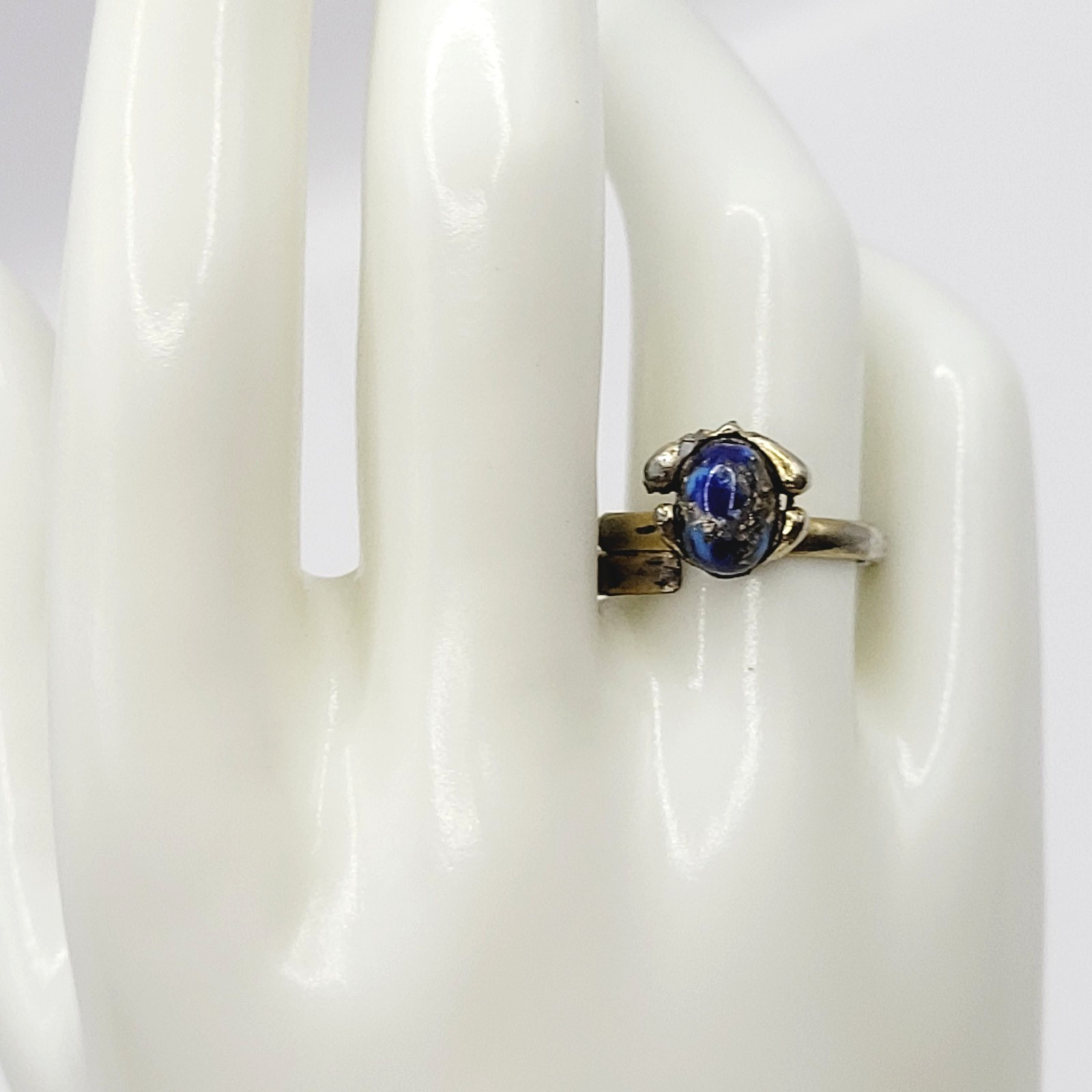 Antique Lapis Lazuli Small Domed Stone w Specks Ring Adjustable Worn Distressed