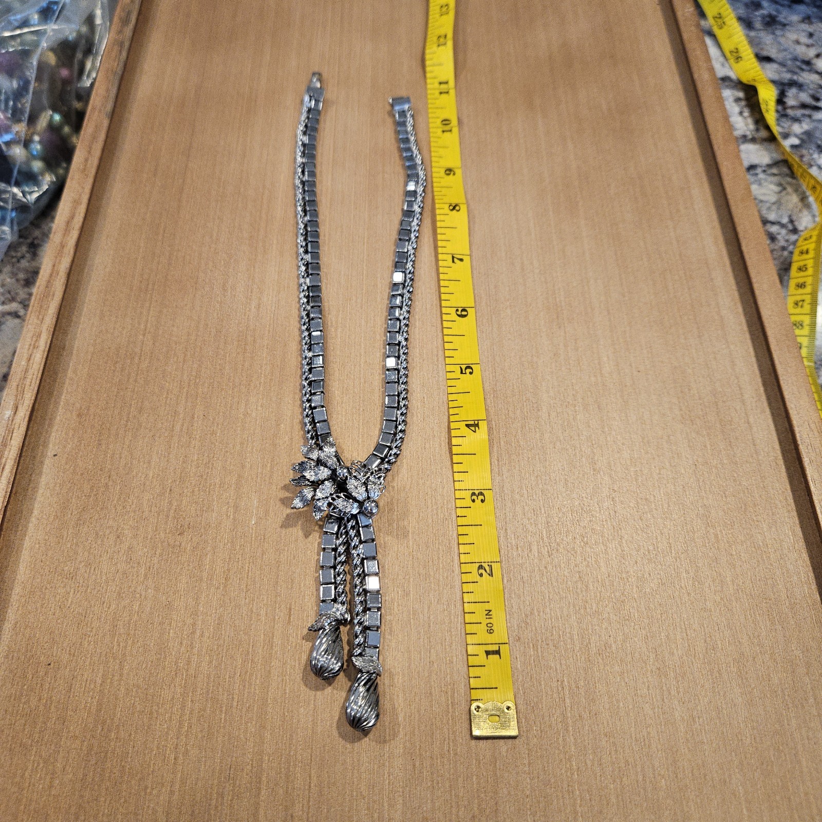Vtg 12k White Gold Filled Chain Sliding Bead Lariat Necklace and Earrings MCM