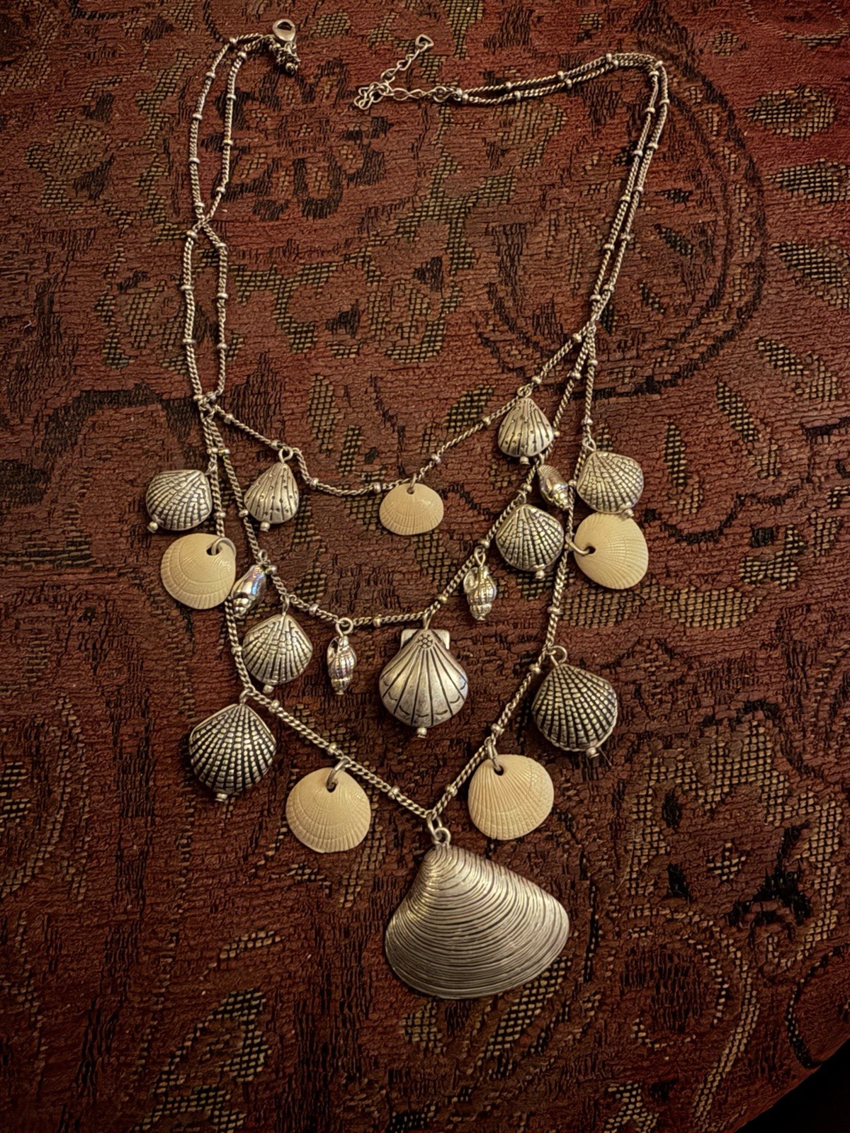 Vintage Silver Tone Multi Chain Metal And Natural Shell 3 Tier Necklace. 18in