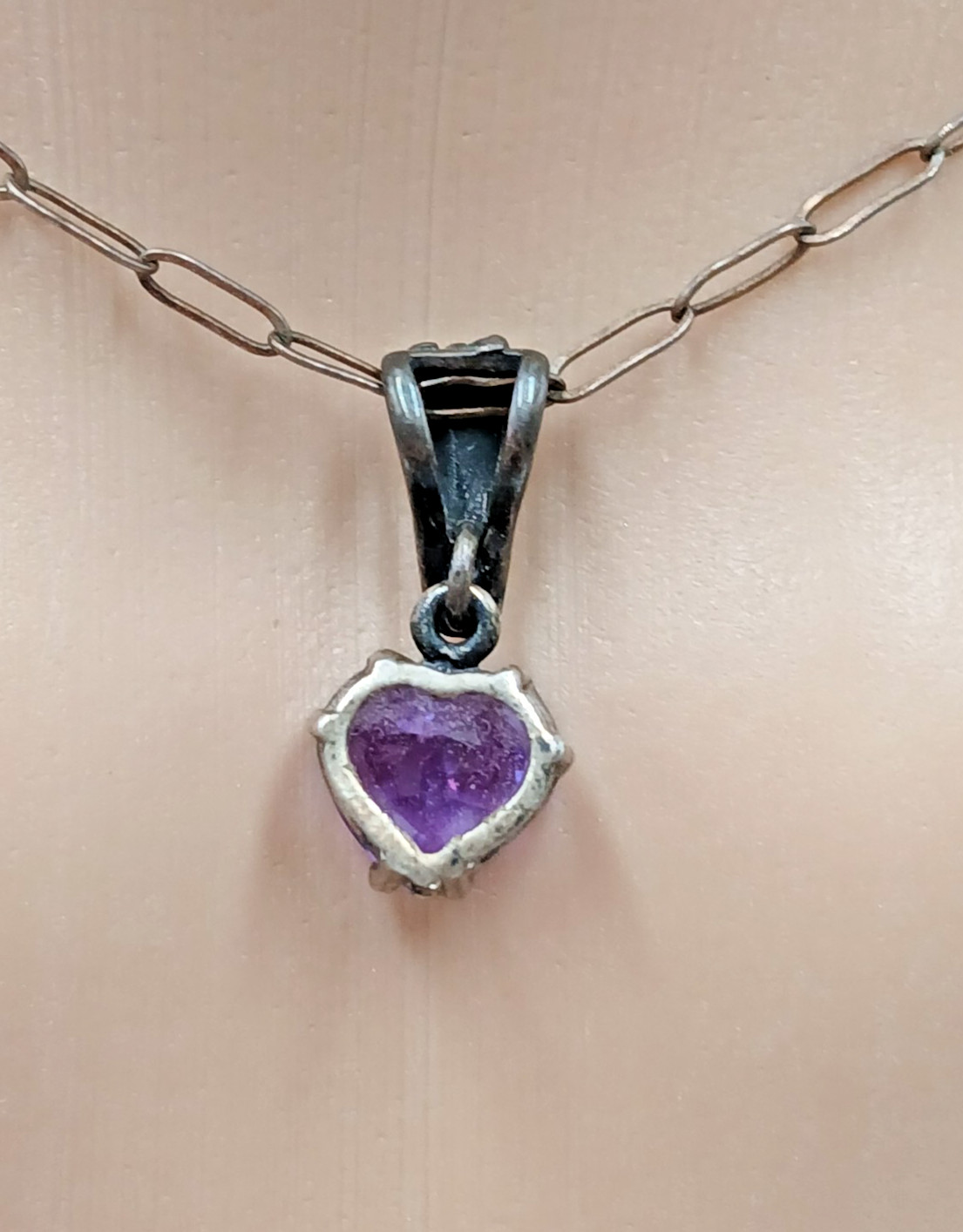 VTG 925 Amethyst CZ Heart Pendant Necklace 24in Sterling Silver 4gtw Scroll Bail