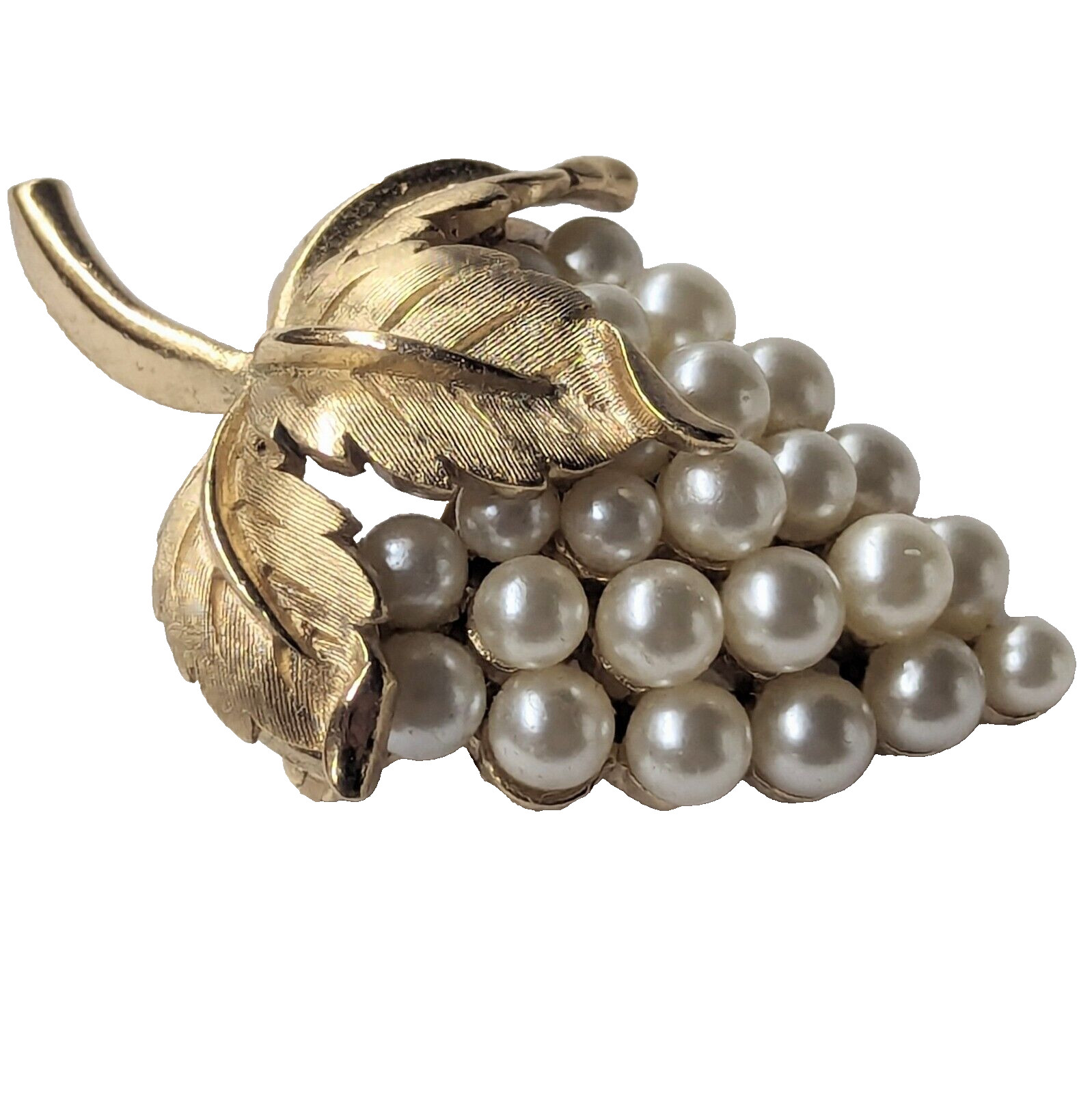 Crown Trifari Grape Cluster Signed Faux Pearl Vintage 1950s Gold Tone Brooch Pin