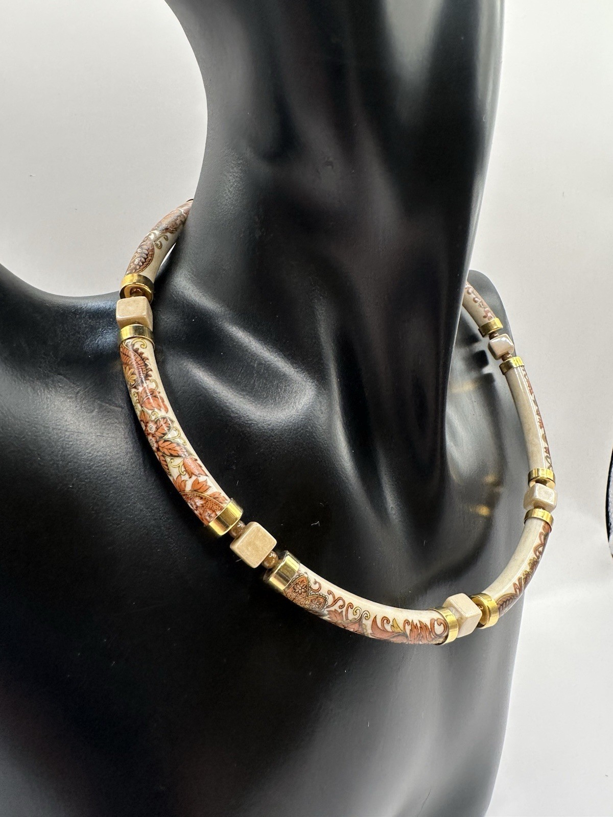 Vintage Necklace Paisley Beaded Choker Tan Brown Burnt Orange Cream Boho Retro