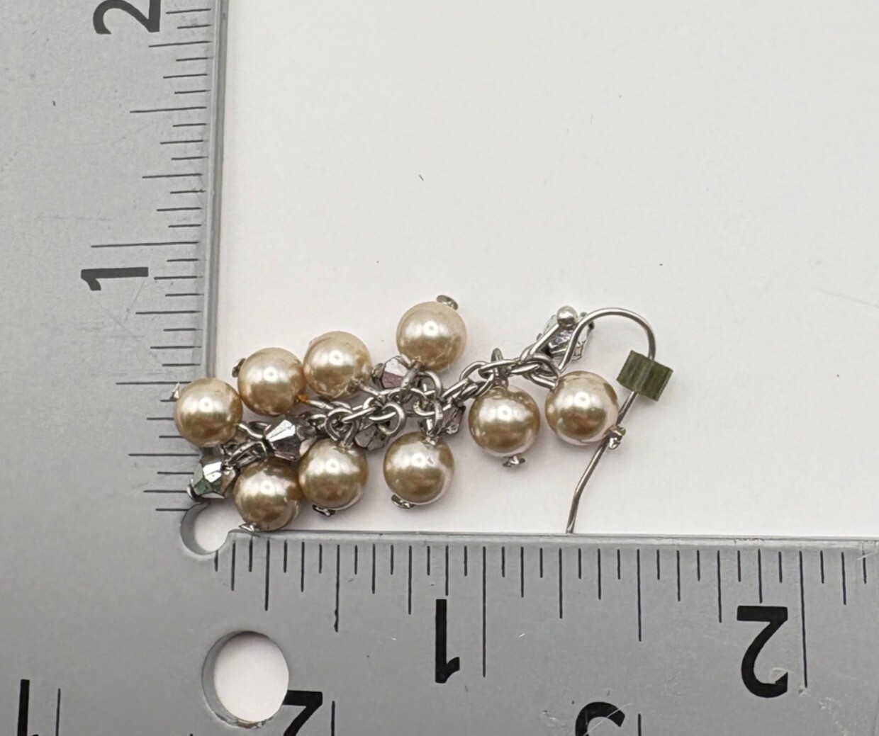 Vintage Faux Pearl Cluster Dangle Earrings Silver Tone Chain Accents