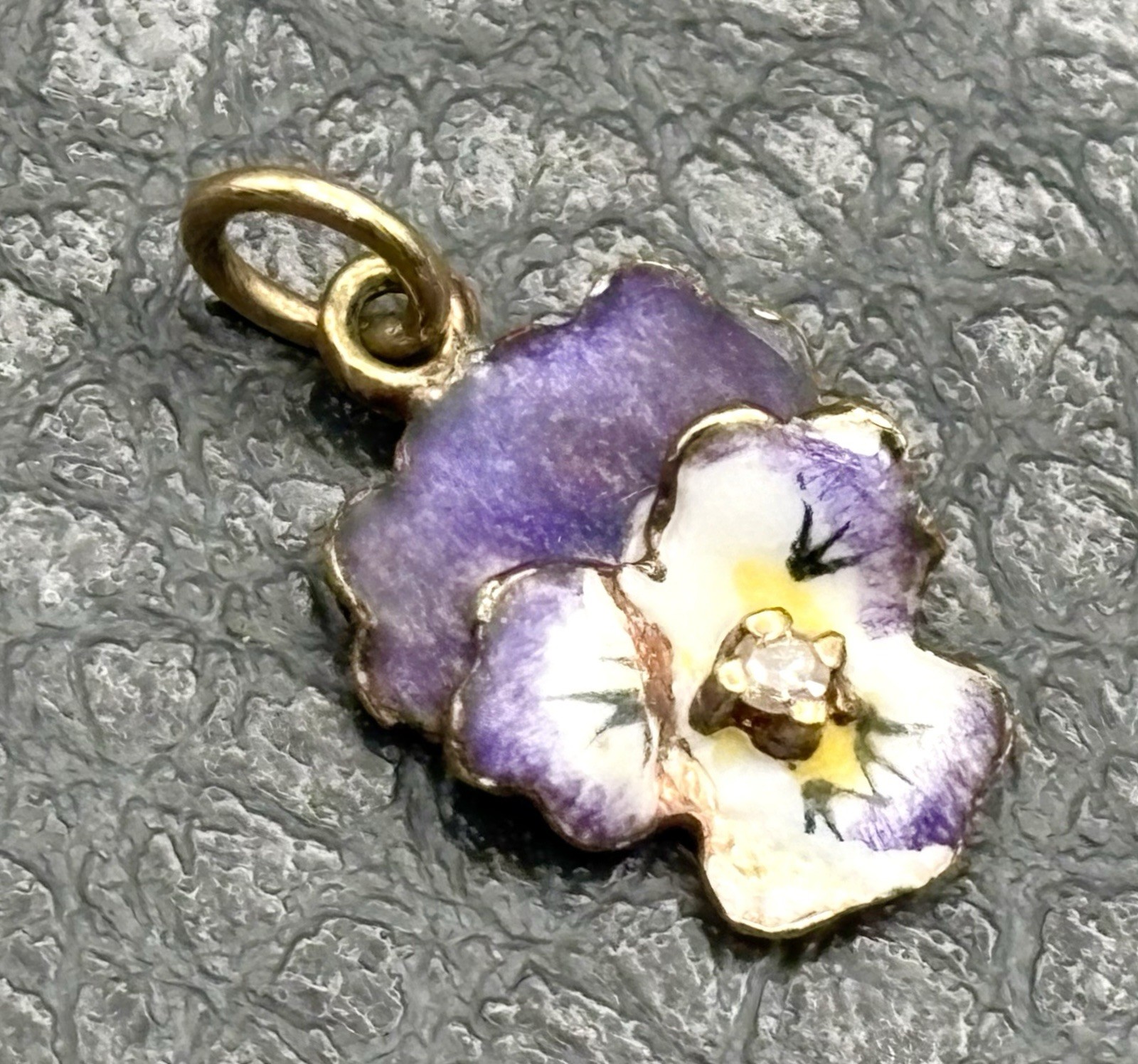 VTG 14K Gold Purple Enamel Pansy Violet Flower Diamond Antique Pendant Or Charm