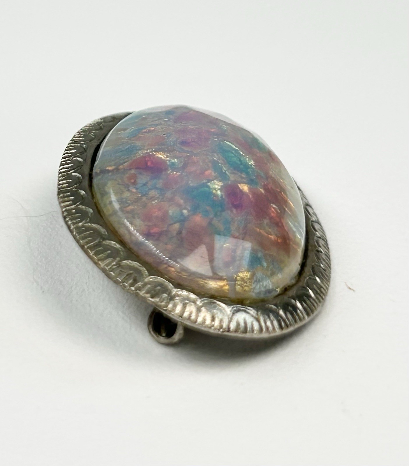 Antique Sterling Silver Oval Glass Cabochon Faux Fire Opal Brooch Victorian