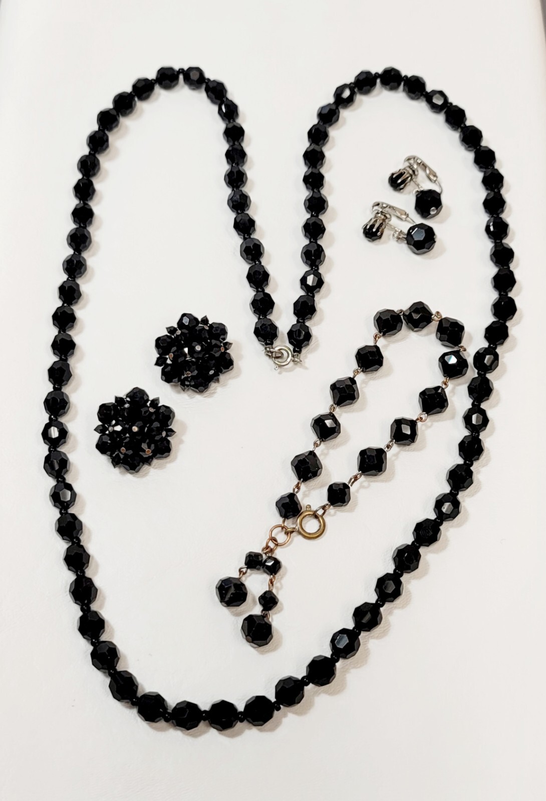 Vtg Black Crystal Glass Beads 2 Pr Earrings Bracelet & Necklace Goth Victorian