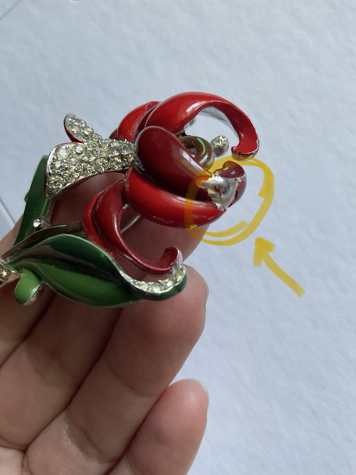 Trifari ‘Alfred Philippe’ Pave and Enamel Red Daffodil Flower Pin Fur Clip