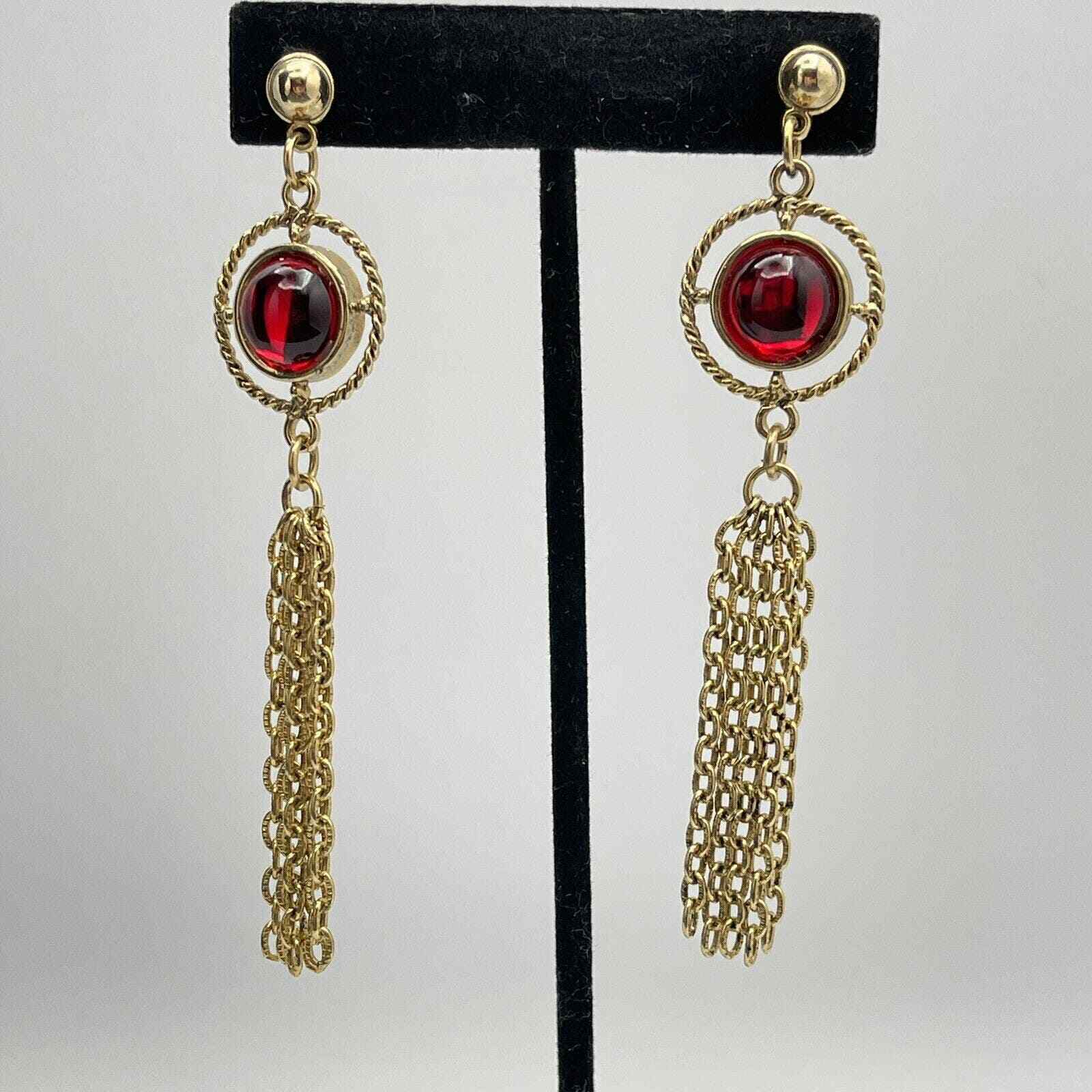 Red Gripoix Style Poured Glass Cabochon Gold Tone Fringe Tassel Earrings 3.25”