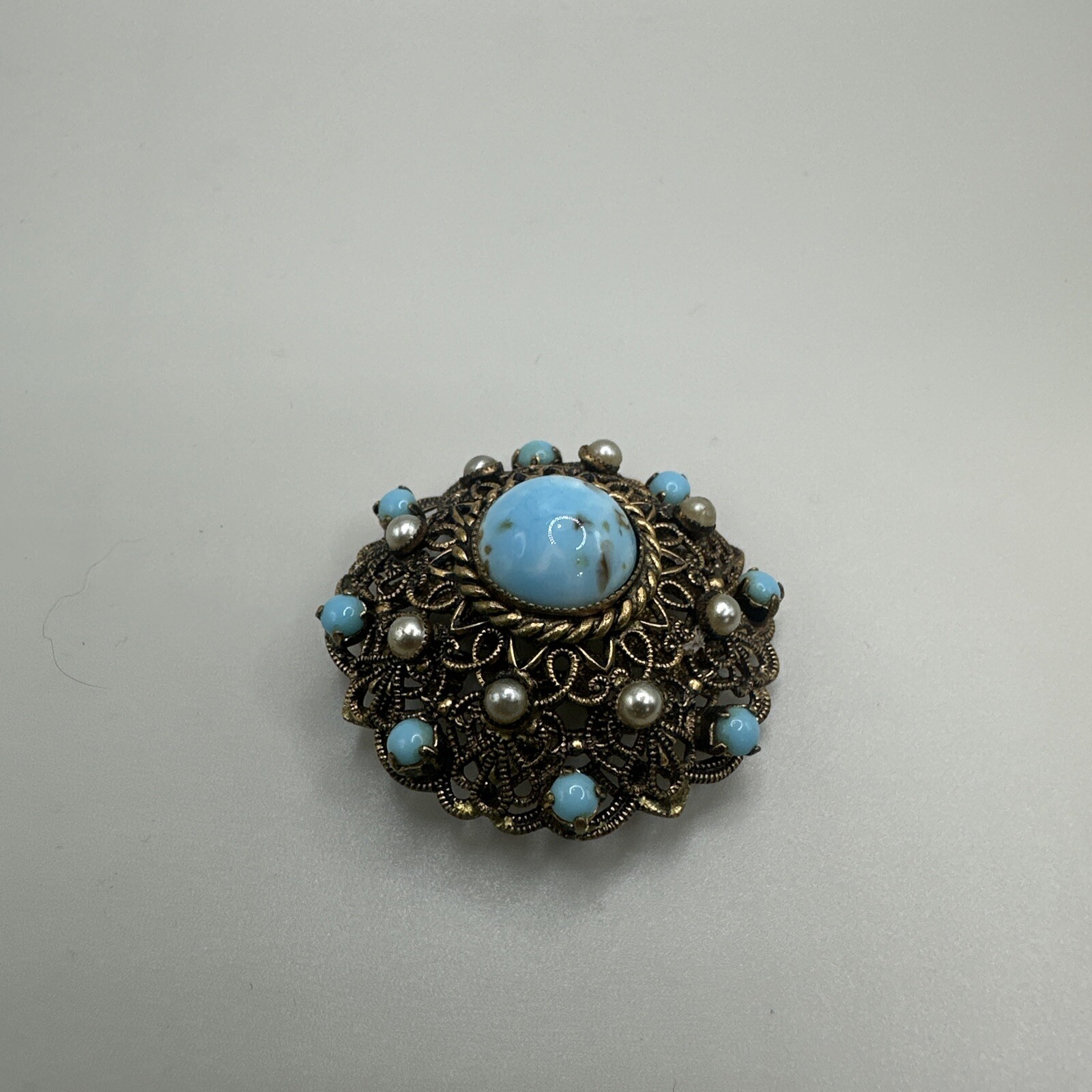 Vintage W Germany Turquoise Glass Cannetille Brooch Filigree Aqua Rhinestone Pin
