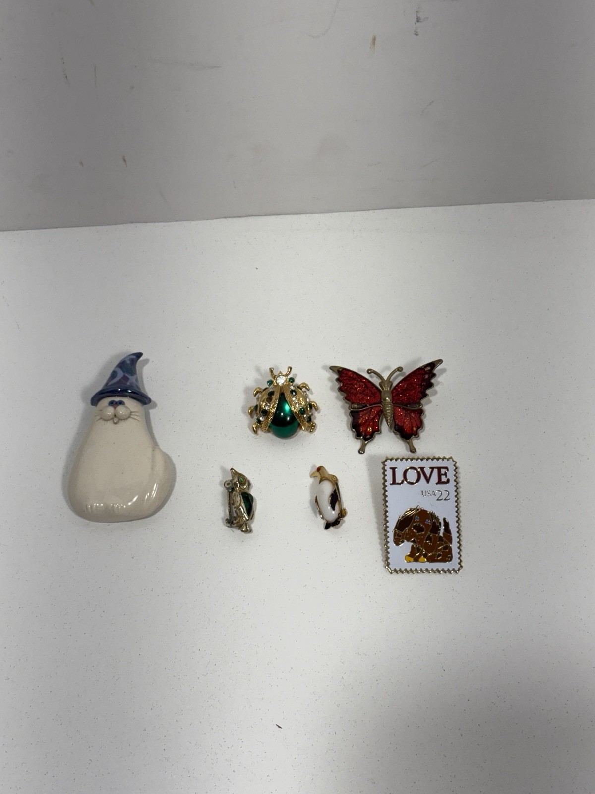 Vintage Brooch Pin Lot 6 Bug Green Cat Owl Penguin Butterfly Rhinestones Animals