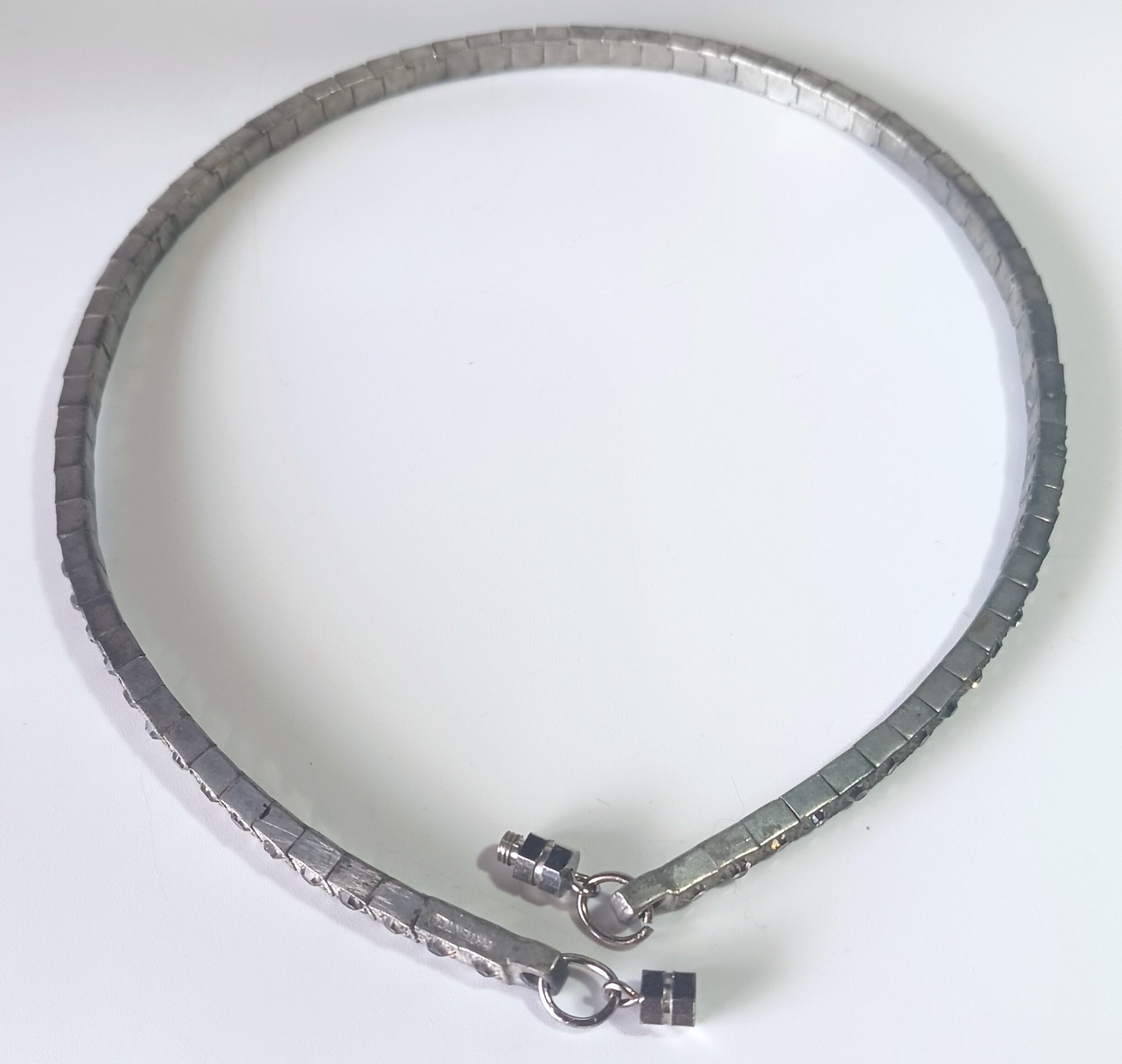 Vtg (Antique?) Silver-tone Clear Rhinestone Rigid Tennis-style Necklace 16″