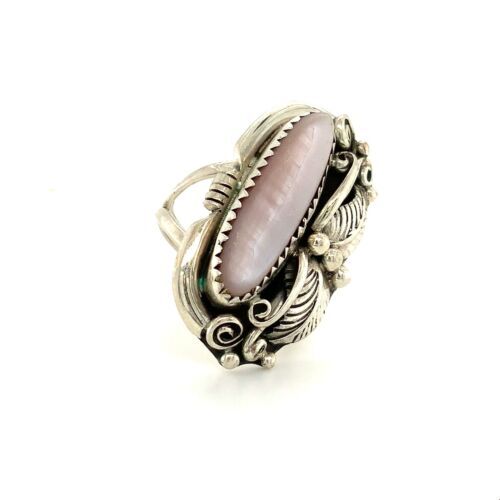 Vintage Sterling Silver Native American Navajo MOP Shell Stone Feather Ring sz 6