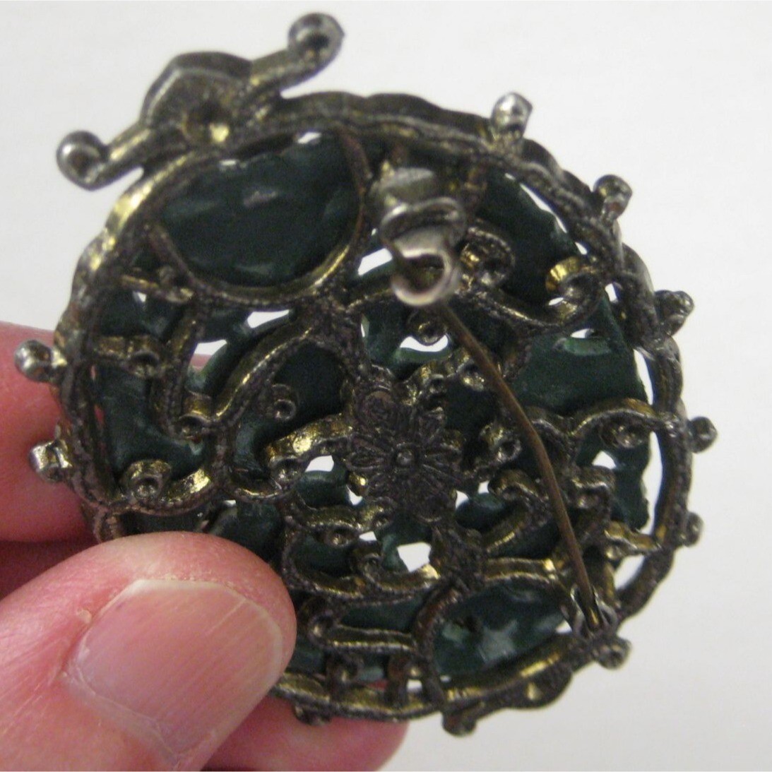Victorian Repousse Enamel Metal Brooch Pin Silvetone Vintage Estate Leaf