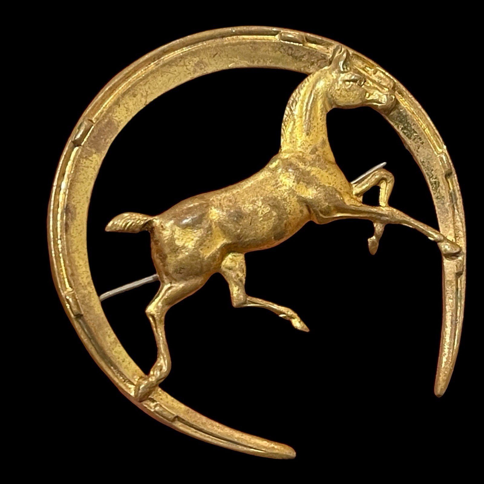 Horseshoe Pin Running Horse Riding Trotter Equestrian Brass Vintage Brooch Lucky